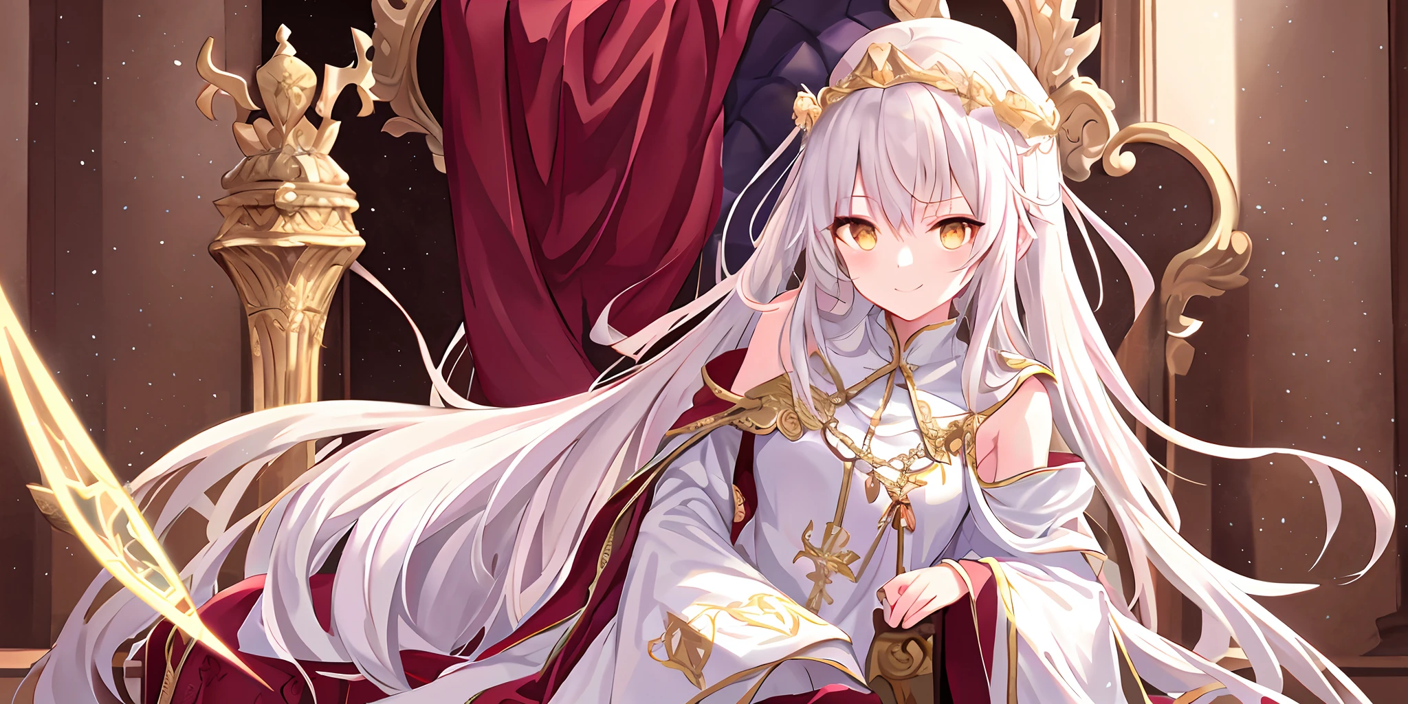 Pope all over the body，one-girl，Poor milk，On the scepter，Lie down in bed（long white robe，The pattern is complex））red shawl，（cute anime face），Gold eyes，long  white hair，ssmile，The halo，（Sit on a low throne），In a magnificent castle，ultraclear