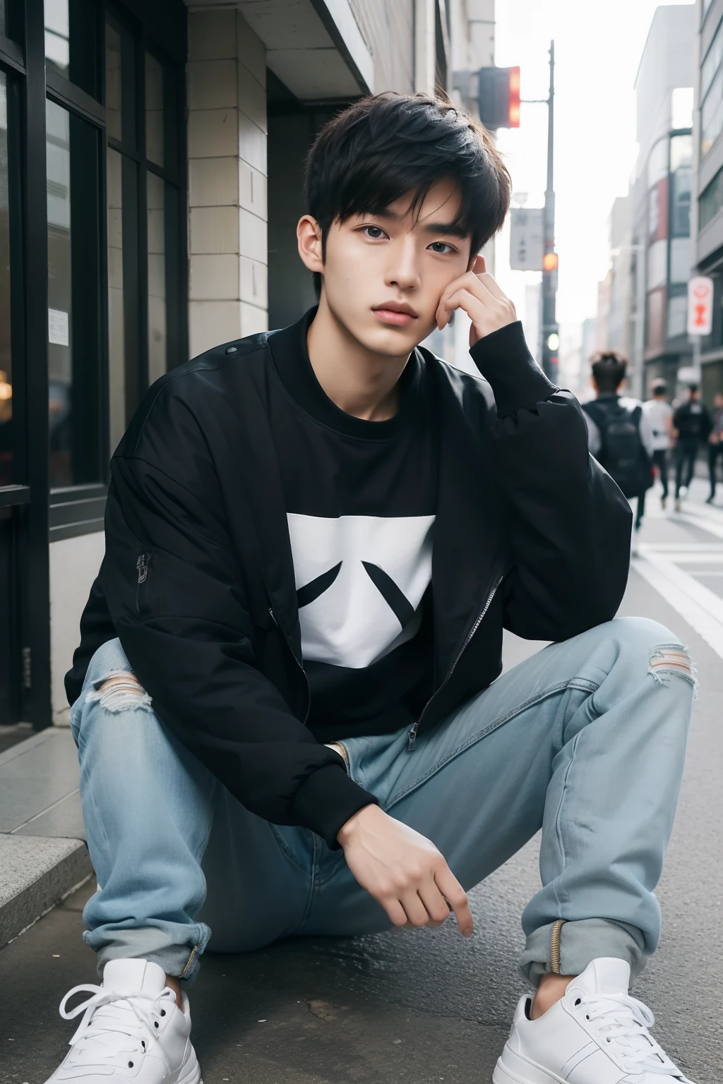 Portrait of 20 year old Japan male street style hair catalog magazine。 For a lightweight bomber jacket suitable for spring and summer、Matching graphic t-shirt。Coordinate with ripped jeans and high-top sneakers。