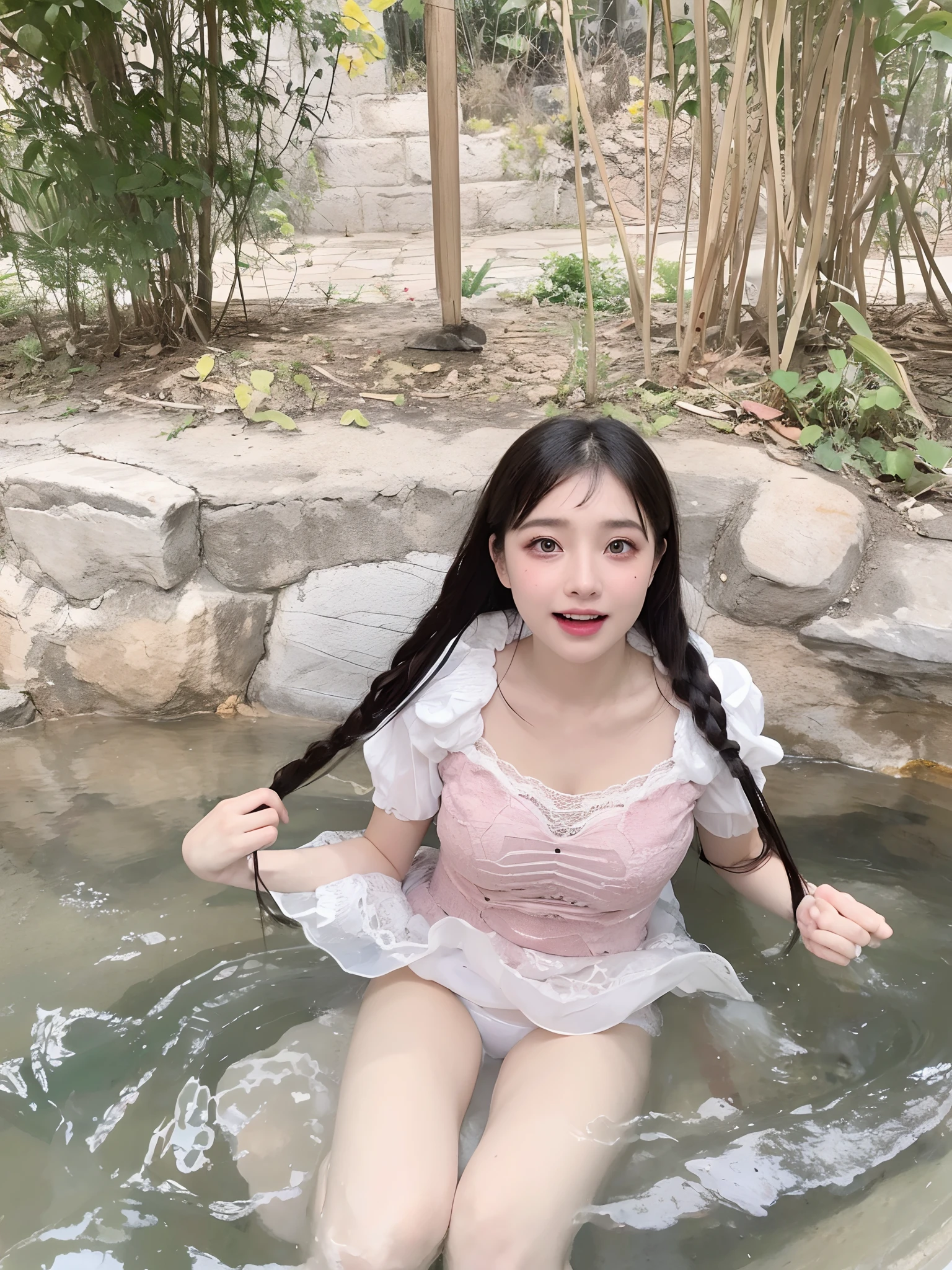 Top quality, Masterpiece, 超高分辨率, (Realistic, : 1.4), Original photo, (True skin texture: 1.3), (filmgrain: 1.3), in a panoramic view, Portrait, Very wide lens, Narrow waist, cowboy lens, (bangs, Inconspicuous, Cold light,) Night, Close-up, Tears, Short hair, neck long, ears sticking out, bangs, Big eyes, Brightly Colored Eyes, In the house, Dust, Tindall effect, (Facial expression), Sitting, (hitting a wall), Crying, Frowning, (Looking down), Nervousness, Tears, smiling happily
one girl, eyes and face with beautiful details, White jabot, pink dark V, Brown eyes,