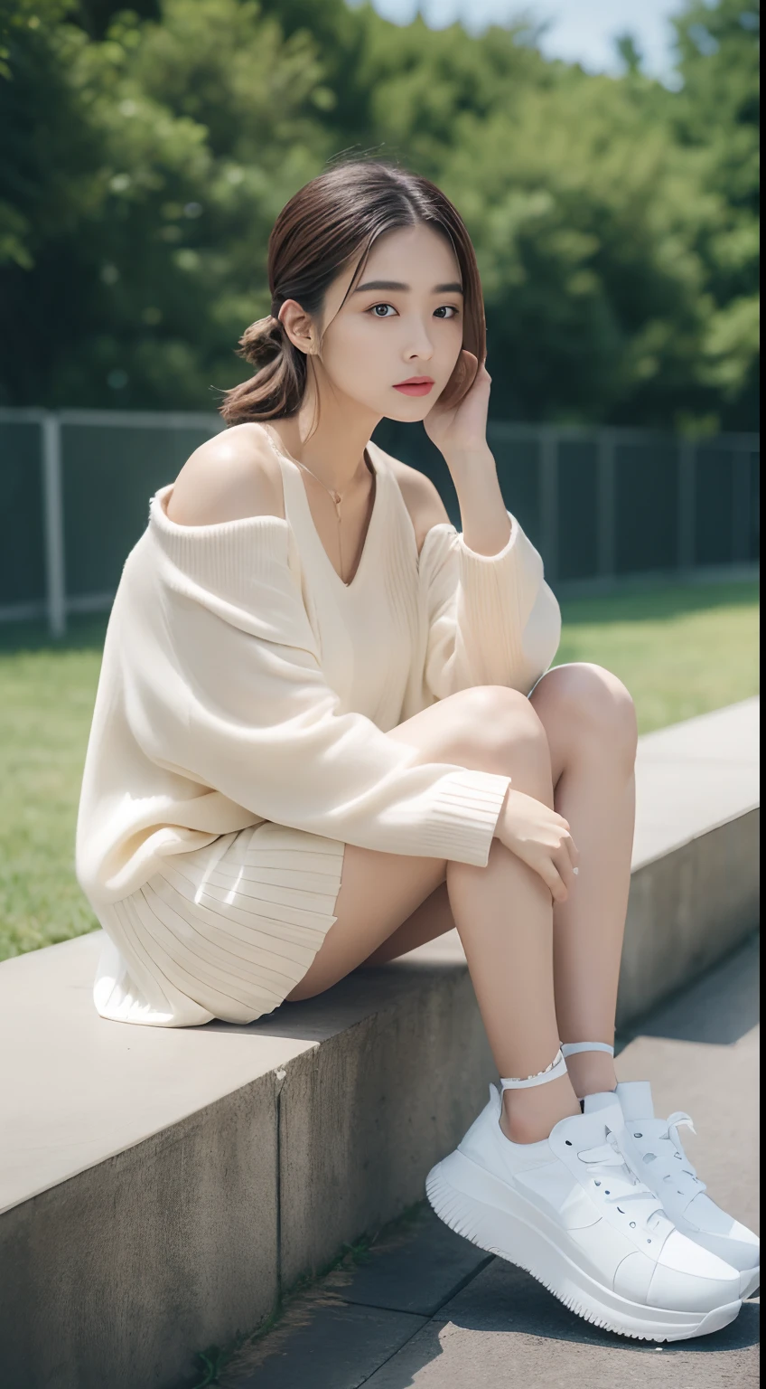 ((Best picture quality, 8K, tmasterpiece:1.3)), 1girll, Casual hairstyle, (off-shoulder blouse,Short pleated skirt:1.3),(wet see through clothes:1.4),Ultra-fine face, A detailed eye, 二重まぶた,(long leges:1.4),(athletic sneakers:1.3)Erlang legs,Sit sideways on a high platform