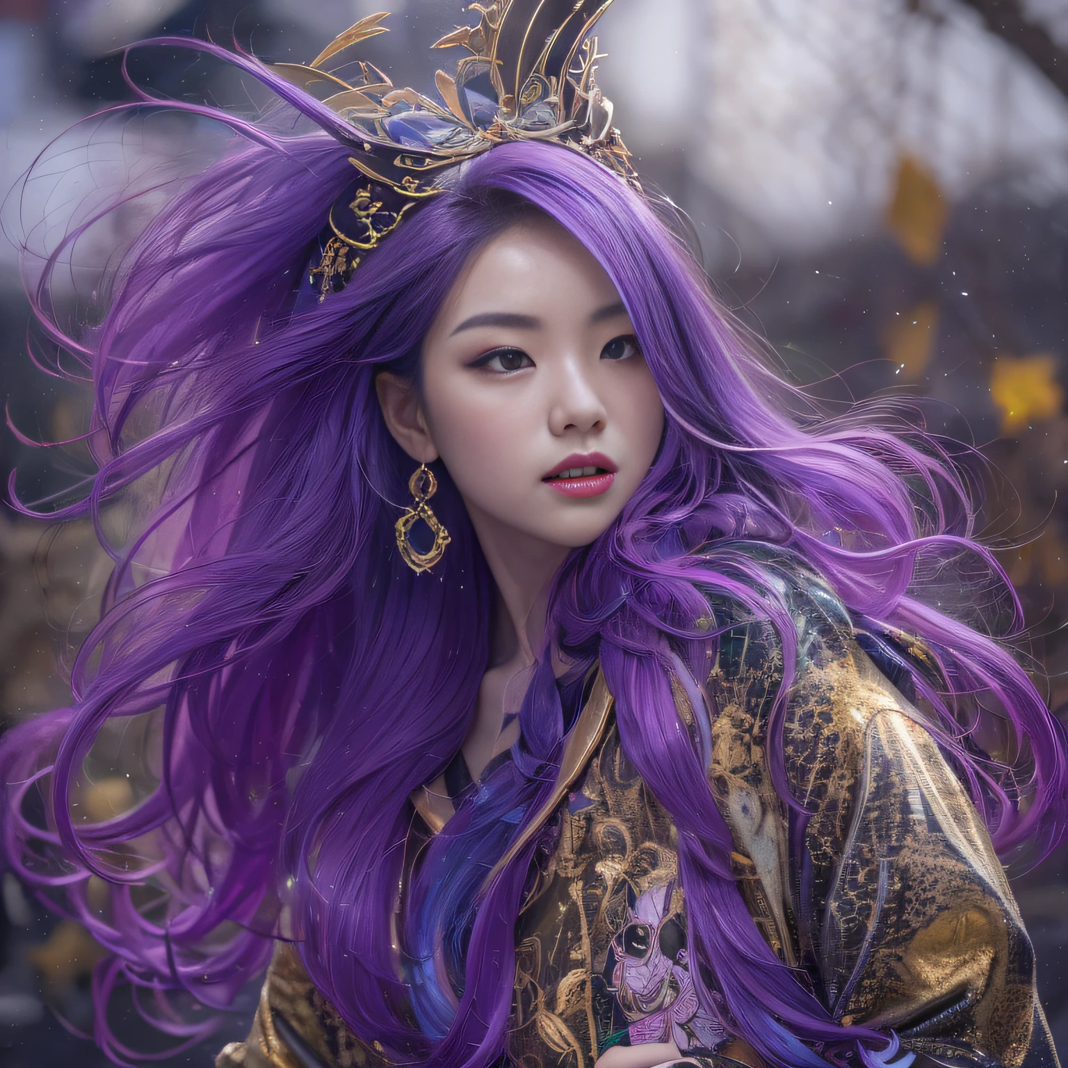 32K（tmasterpiece，k hd，hyper HD，32K）Long flowing bright purple hair，Autumn Pond，zydink， a color，  Asian people （Silly girl）， （Silk scarf）， Combat posture， looking at the ground， long whitr hair， Floating bright purple， Fire cloud pattern gold skull headdress， Chinese long-sleeved gold silk garment， （abstract ink splash：1.2）， white backgrounid，Lotus protector（realisticlying：1.4），Bright purple hair，Smoke on the road，The background is pure，Side squats， A high resolution， the detail， RAW photogr， Sharp Re， Nikon D850 Film Stock Photo by Jefferies Lee 4 Kodak Portra 400 Camera F1.6 shots, Rich colors, ultra-realistic vivid textures, Dramatic lighting, Unreal Engine Art Station Trend, cinestir 800，Long flowing bright purple hair