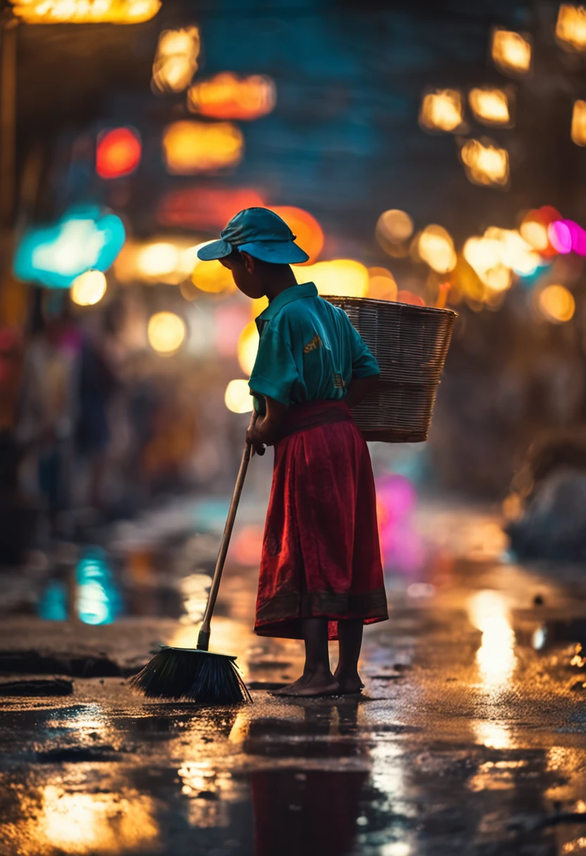 vietnam street sweeper in suite sweeping garbage on the street at mid autumn night with kids