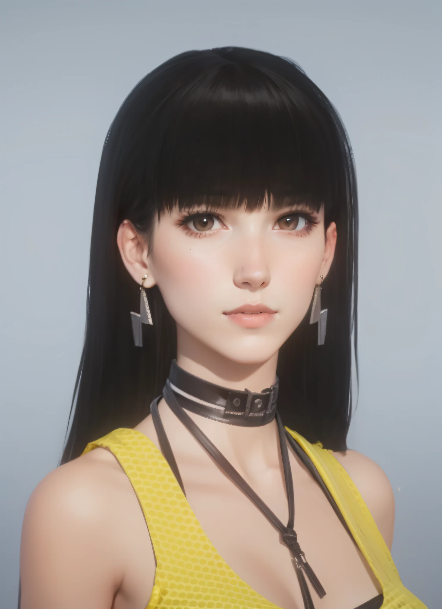 Long black hair，Pale yellow suspenders，Wear two earrings，schoolgirls