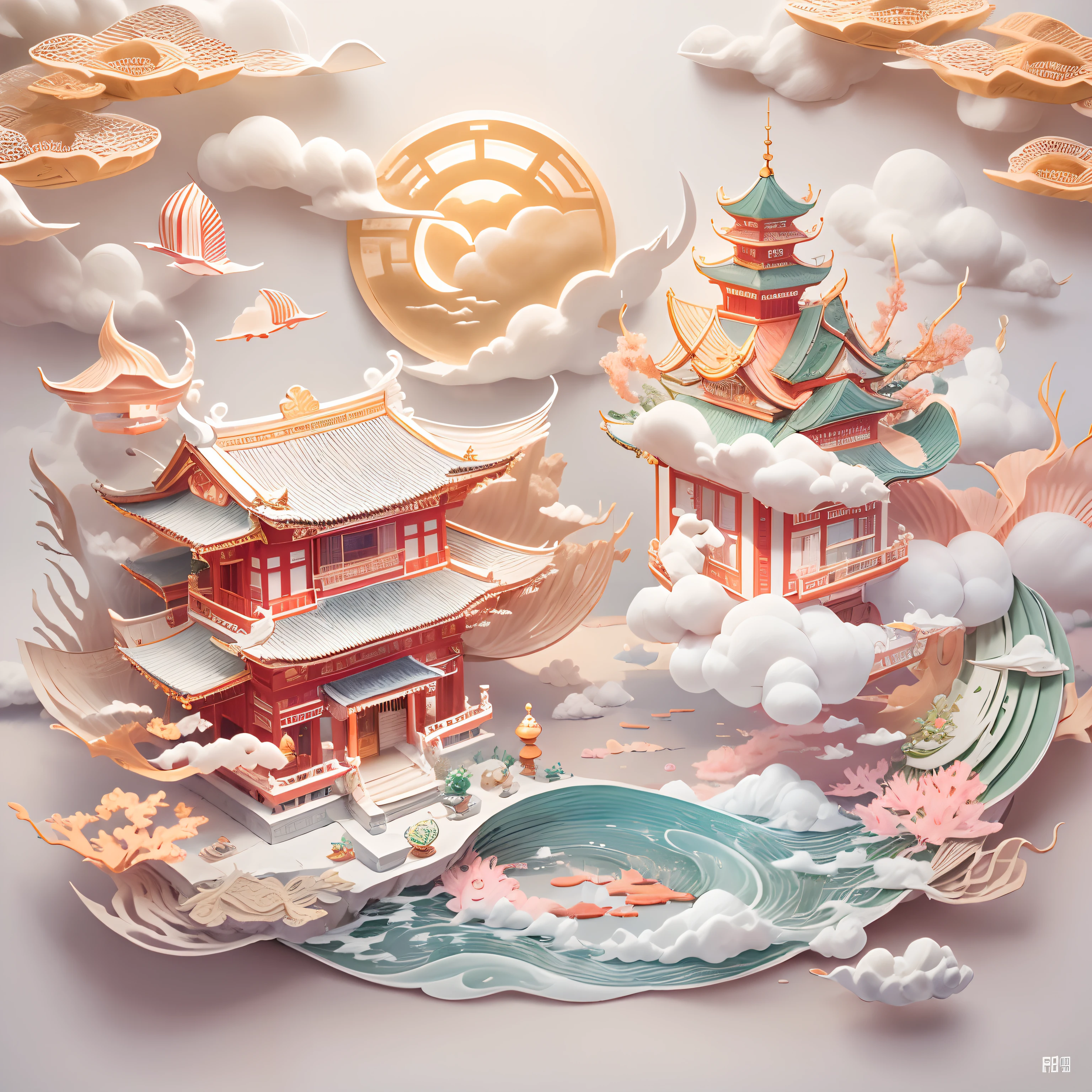 Mid-Autumn Festival Chang'e Flying to the Moon Jade Rabbit Mooncake Crane Auspicious Cloud National Chao Flying Eaves Chinese Pavilion,(Paper carving:1.5),Tilt-Shift, (Sea of white clouds:1.5), (White clouds:1.5), (peach blossom:1.2), (Buildings on white clouds), Soft lighting,Oriental elements, Dreamy, Pastel colors, Bright colors, Traditional Chinese color scheme, ( reasonable design, Clear lines, High sharpness,Best quality, Very detailed, Masterpiece, offcial art, movie light effect, 4K ),