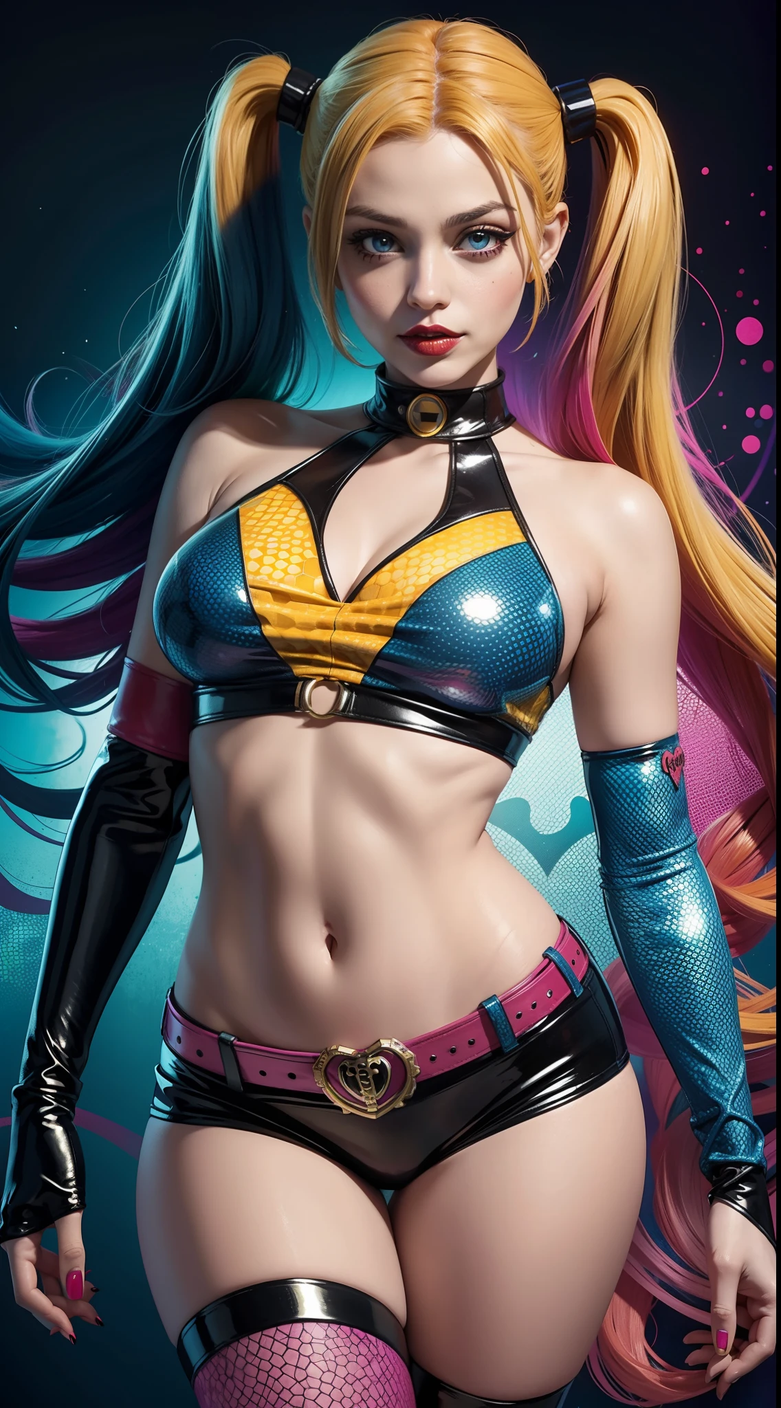 Harley Quinn from DC Comics, Masterpiece, Best Quality, abstract, Psychedelic, Neon, (honeycomb pattern), (creative:1.3), Sy3, SMM, fantasy00d