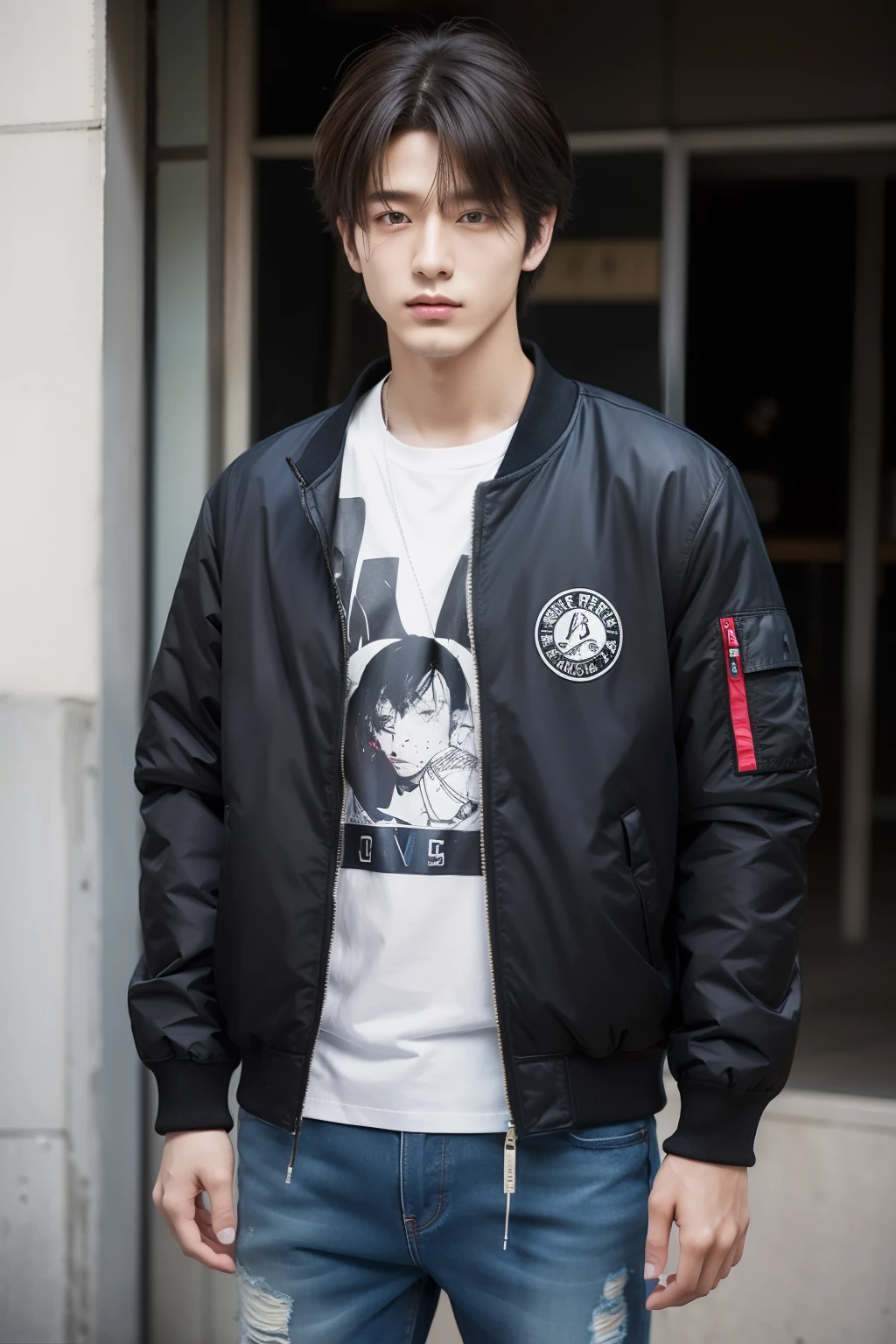 Portrait of 20 year old Japan male street style hair catalog magazine。 For a lightweight bomber jacket suitable for spring and summer、Matching graphic t-shirt。Coordinate with ripped jeans and high-top sneakers。The hair is textured with a messy top、The side is faded。
