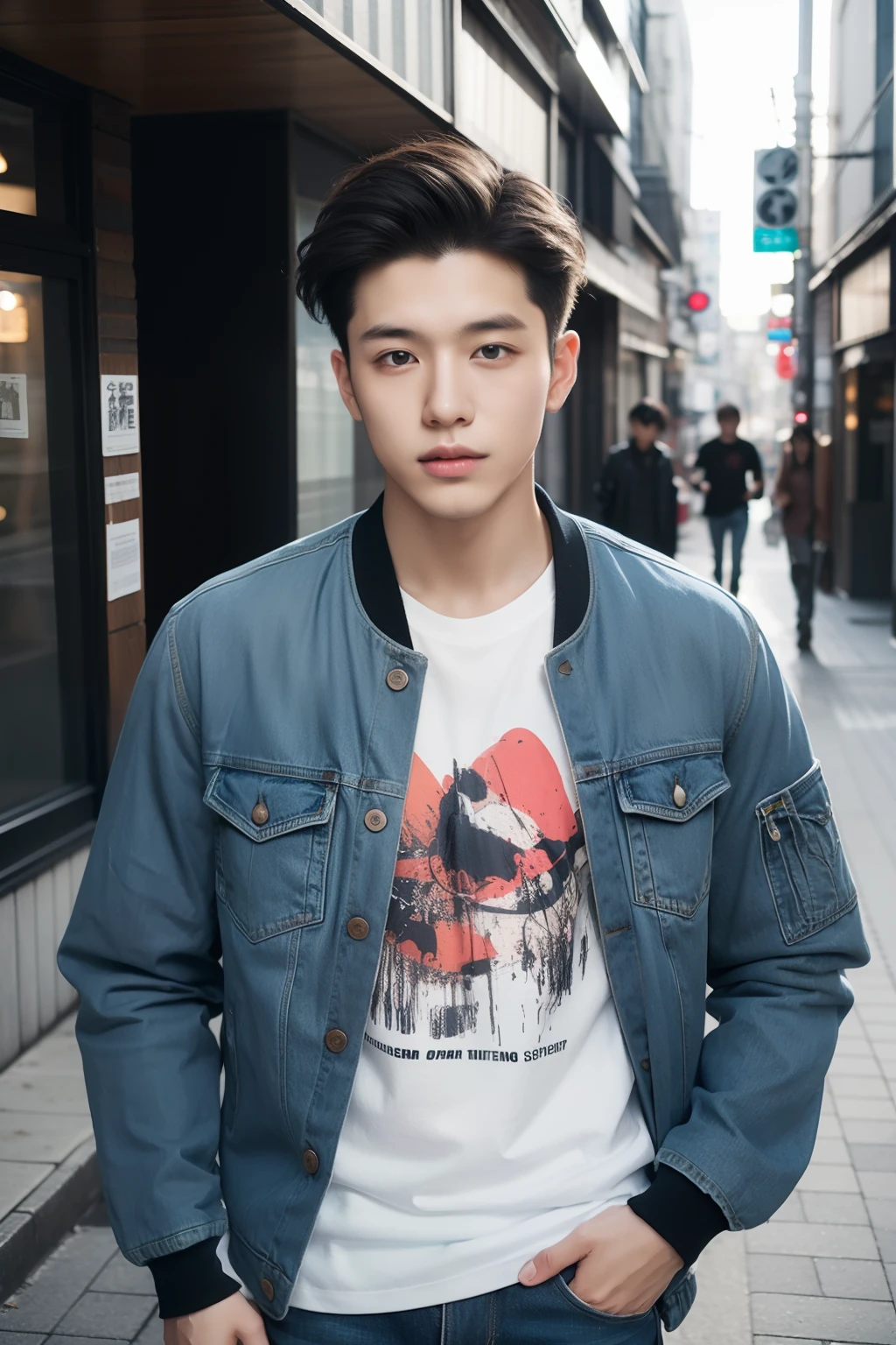 Portrait of 20 year old Japan male street style hair catalog magazine。 For a lightweight bomber jacket suitable for spring and summer、Matching graphic t-shirt。Coordinate with ripped jeans and high-top sneakers。The hair is textured with a messy top、The side is faded。