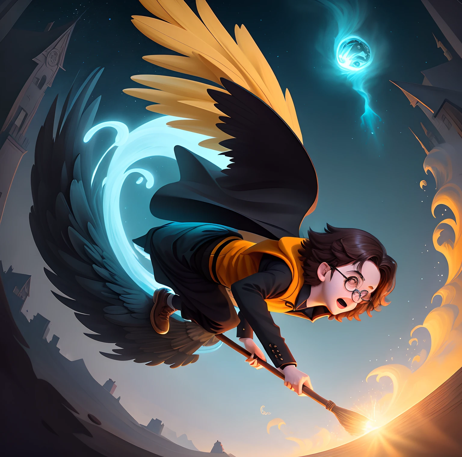 Harry Potter flies on a broom with a broom and a broom, Harry Potter riding a broom, Flying on a broom, Art from Harry Potter, Cyril Rolando and Goro Fujita, inspired by Cyril Rolando, in the style of Cyril Rolando, The Young Wizard, Cyril Rolando & M.In Kaluta