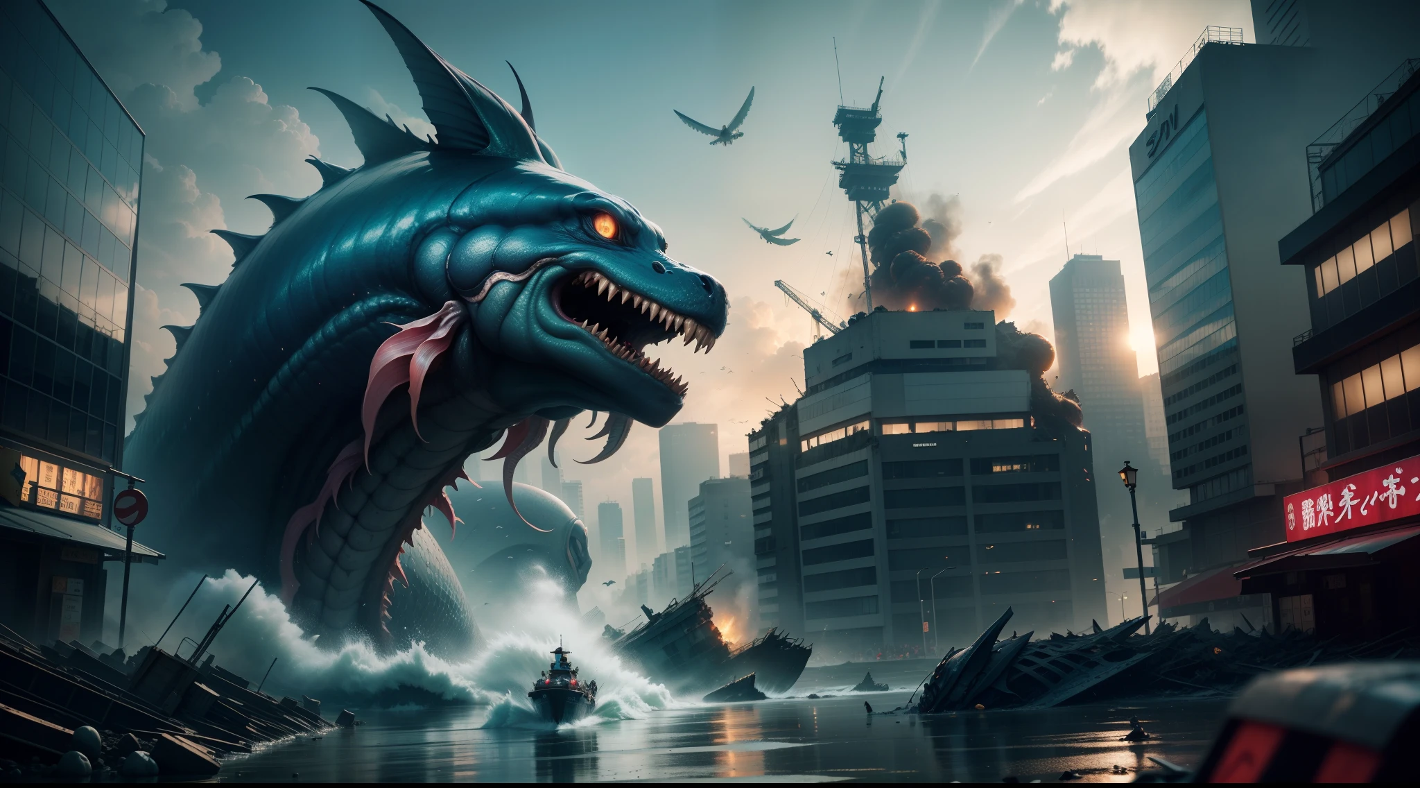 Mutated sea creatures invade Japan, Landing in the city, Wanton destruction of buildings, The streets of the ruined capital were filled with panicked crowds, cinematic lighting, from side, panorama, Sony FE GM, UHD, masterpiece, ccurate, textured skin, super detail, high details, 16k, award winning, best quality