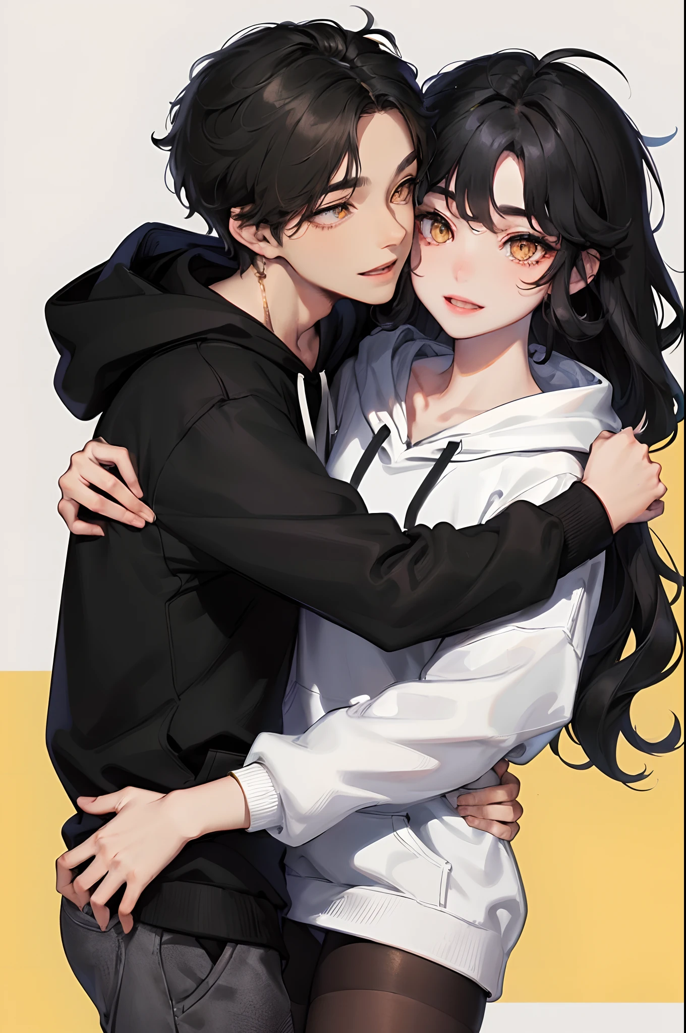 1woman, ((long white wavy hair)), swept bangs, ((golden eyes)), smile, modern clothes, hugging a ((boy with short messy black hair and black simple hoodie)) from the front