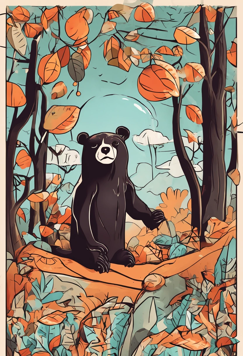8K,tmasterpiece,high qulity,Cartoon bear,stickfigure,lineworks,illustration,Q version,Under the tree,Sit and eat persimmons