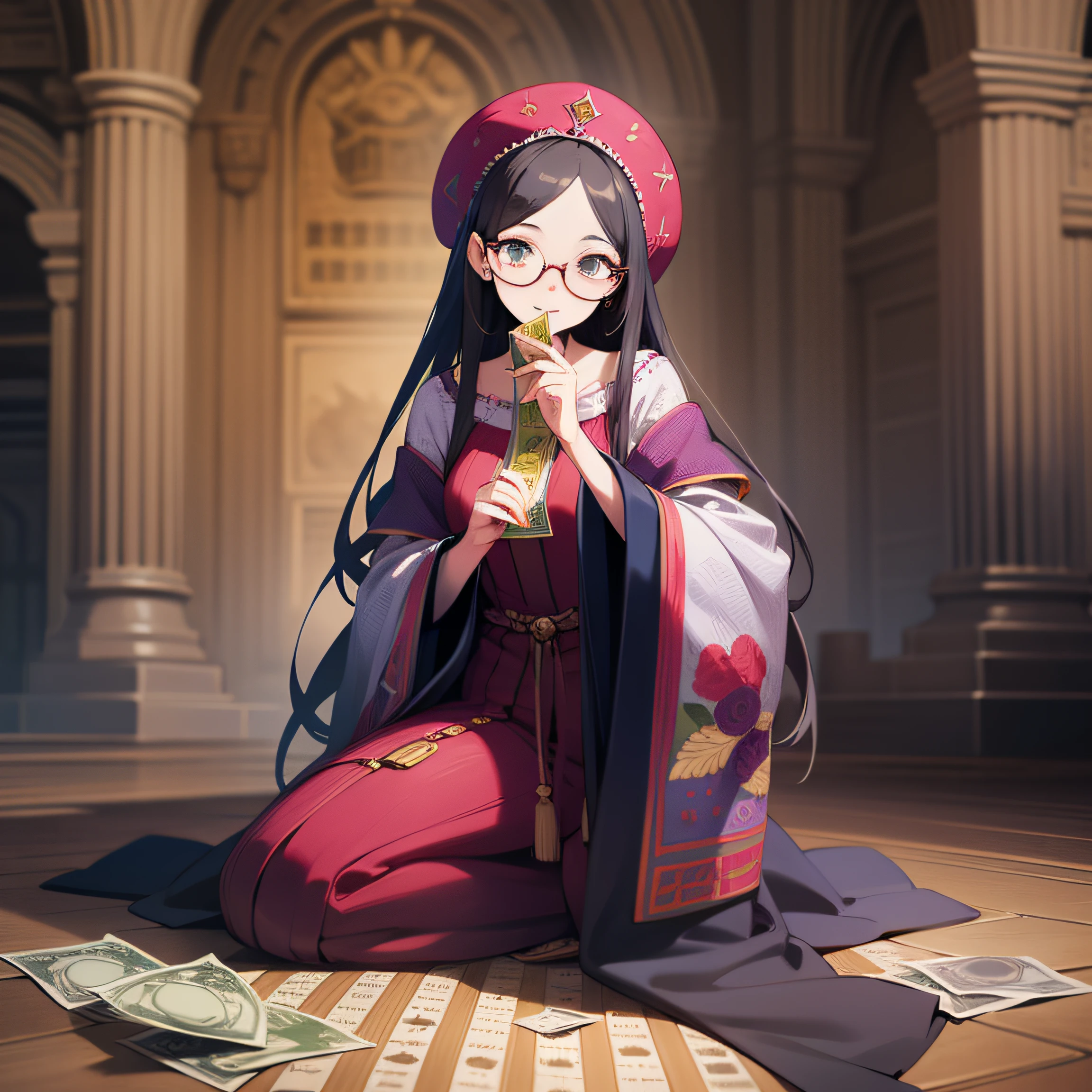 Woman in glasses,Holding money in your hands,merciful,game assets,abacus,fullbody image,heel