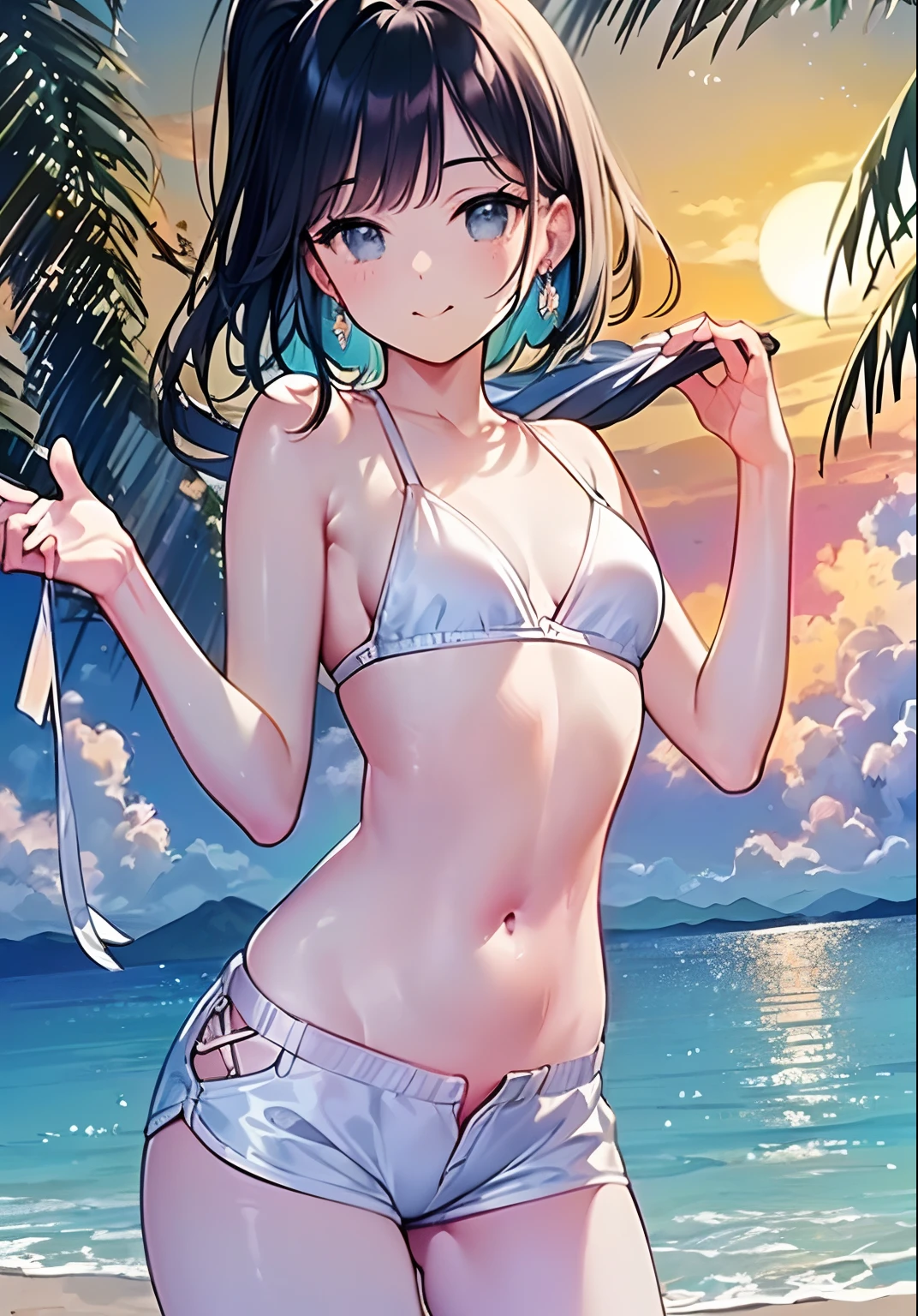 (((Masterpiece)), (((Highest quality)), (((Very delicate and beautiful)), (Highly detailed CG unity 8k wallpaper: 1.3), Very delicate light, (Backlight), (steampunc),
/=、
(Cowboy Body)), (1loli: 1.3), Solo, (Petite), (small), White bikini, high - waist shorts, Long black hair bangs,High ponytail, Blue eyes, Earrings, (ahoge), (Cute face: 1.114), (Fine eyes: 1.15), (Cute face: 1.114)
, (beautiful fine eyes and beautiful face: 1.15),
The girl smiled,Look happy in the beautiful tropical scenery. Behind her, The sun is setting, casting a warm glow over the scene, Create a fantastic atmosphere. In the distance, palm trees swaying in the breeze, creating a leisurely retro atmosphere, such as sand, Sun, beach, Sea, horizon, etc.
Highly detailed ray tracing