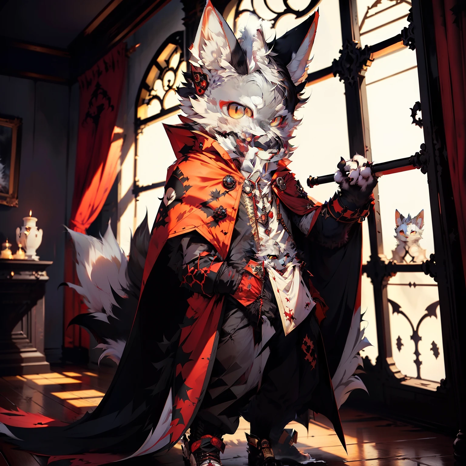 (dark environment:0.8),masterpiece, high quality, absurd res, digital painting \(artwork\), by dagasi, yupa,kiyosan,(anthro,fluffy fur,character focus:1.1),anthro male cat,short hair,portrait, bright eyes,panorama,character focus.(detailed background:0.7),solo,furry,furry male ,male focus,anthr,(Full body fur, fluffy tail, white fur,red eyes,gray hair:1.2),(long canines,vampire, cape:1.2),(interior,night, castle, coffin:1.1)
