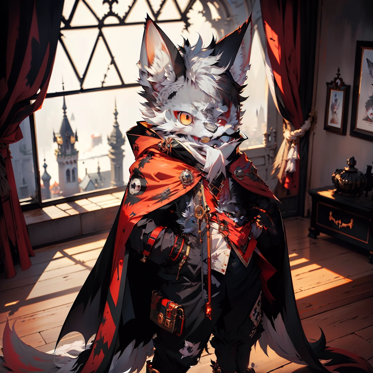 (dark environment:0.8),masterpiece, high quality, absurd res, digital painting \(artwork\), by dagasi, yupa,kiyosan,(anthro,fluffy fur,character focus:1.1),anthro male cat,short hair,portrait, bright eyes,panorama,character focus.(detailed background:0.7),solo,furry,furry male ,male focus,anthr,(Full body fur, fluffy tail, white fur,red eyes,gray hair:1.2),(long canines,vampire, cape:1.2),(interior,night, castle, coffin:1.1)