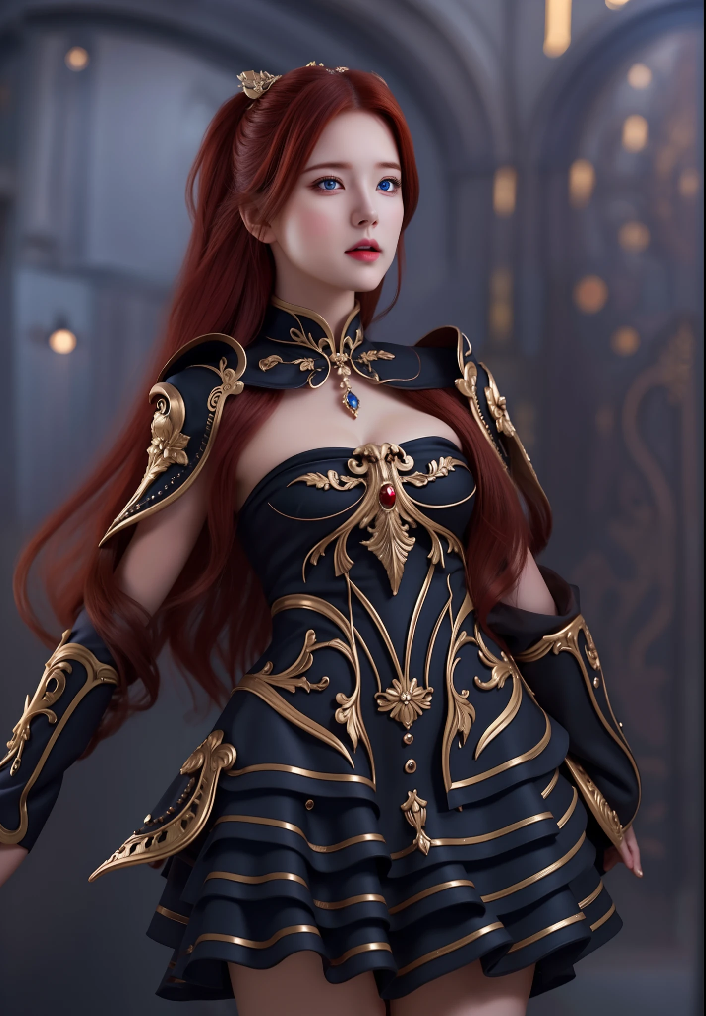 (hyperrealistic), (illustration), (high resolution), (8K), (extremely detailed), (best illustration), (beautiful detailed eyes), (best quality), (ultra-detailed), (masterpiece), (wallpaper), (photorealistic), (natural light), (rim lighting), (detailed face), (high detailed realistic skin texture), (anatomically correct), (solo), (1 girl), (high detailed realistic hair), (red hair:1.2), spike hair, (heterochromic eyes), (detailed blue eyes), (small moles under the eyes), (realistic big breasts:1.5), (plump breasts:1.3), (exposed nipple breasts:1.3), (long legs), (slender abs), (dynamic pose), (closed mouth:1.3), nsfw,