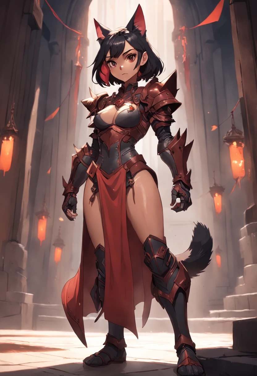 Game character standing drawing design，Disney animation，style of disney animation，Orc female，Cat-eared lady，Leather armor，Fur shoulders，Slim figure，The barefoot，Holding a red dagger，Different layers overlay，Different angles，（Back all over the body：1.4），solid color backdrop，clean backdrop，depth of fields，high light，Real light，Ray traching，OC renderer，UE5 renderer，Hyper-realistic，best qualtiy，8K，Works of masters，super-fine，Detailed pubic hair，Correct anatomy，