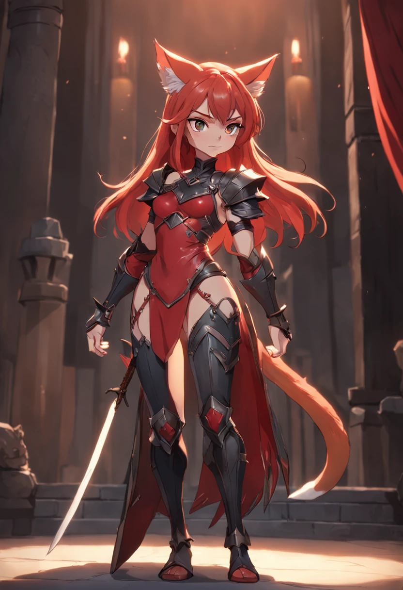 (masterpiece:1.3) extremely detailed, best quality, ((extremely detailed CG)), wolf ears, wolf tail, solo, 1girl, bare shoulders, bodysuit, boots, young girl, clothing, scarlet red hair, sky red hair, short hair, side locks, bangs, elbow gloves, footwear, gloves, gold eyes, red eyes, looking at viewer, medium hair, power_symbol, sideboob, navel, midriff, 1girl, hair ornament, hair ribbon, short hair, holding sword handle, fun expression, sword stance, fighting stance, sexy knight armor, battlefield
