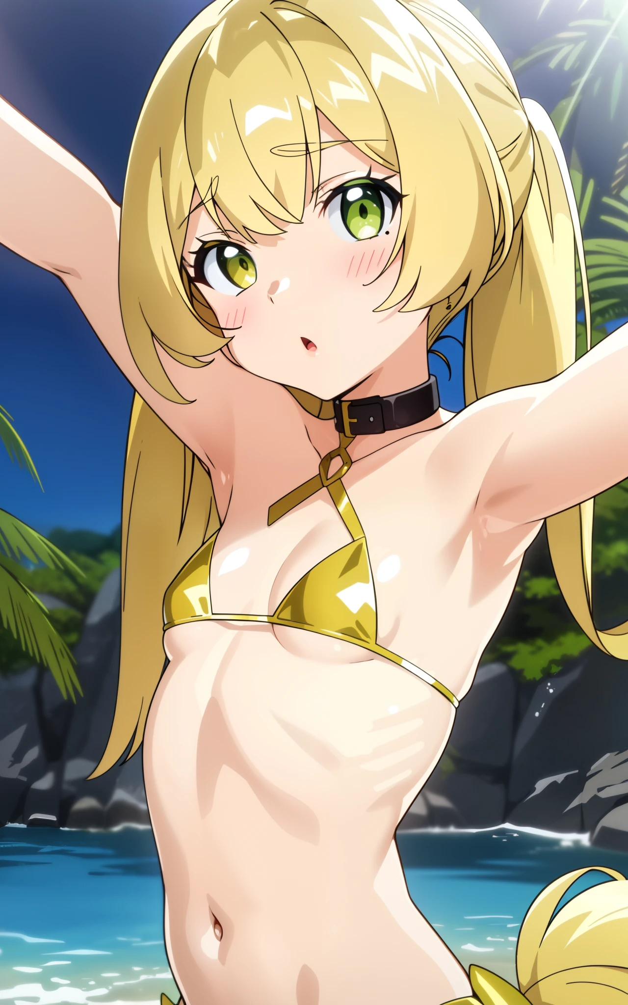 teles, (masterpiece), best quality,  blonde hair, long hair, green eyes, 1girl, looking at viewer, bangs, upper body, petite, blush, :o, collarbone, open mouth, bangs, lying, (masterpiece), (best quality), (shiny hair), (shiny skin), (shiny skin), solo, twin tail hair, small breast, small boobs, flat, chest ((upper body)), (micro bikini), presenting armpit, bare shoulder, collar bone, (mole armpit), arm up, beach, selfie