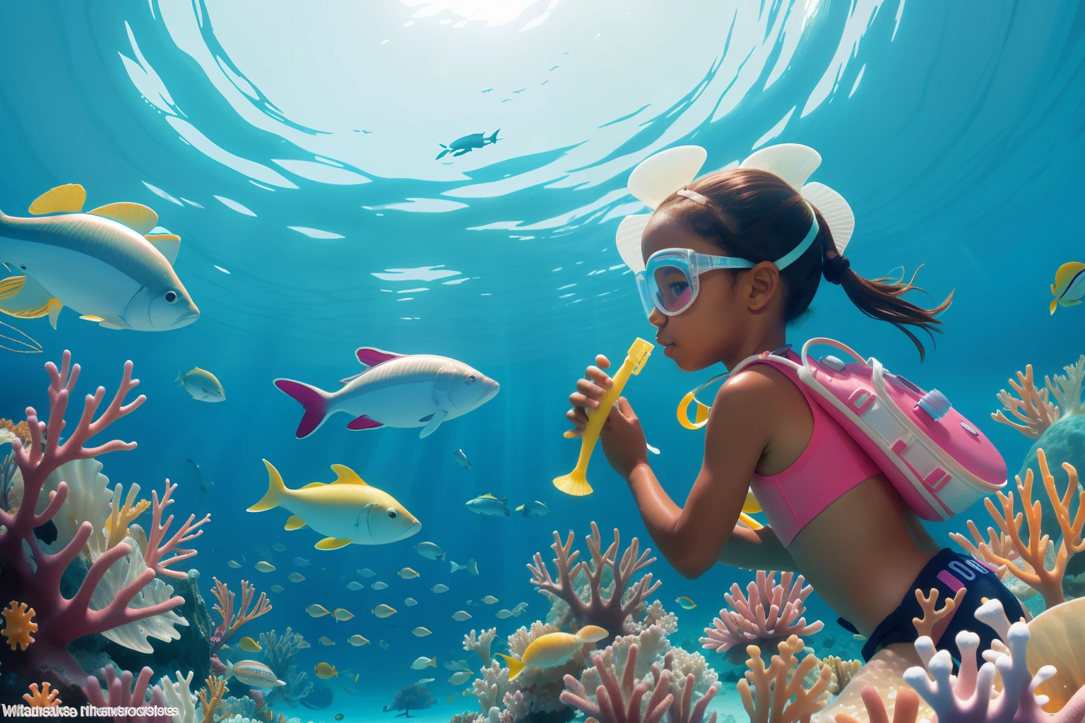 Date: 2006
Country: Bahamas
Description: On a picturesque Bahamian beach, a tween or child marine biologist examines vibrant sea creatures in pastel snorkeling gear. The luminous daylight adds vibrancy to the scene, capturing the Bahamas' marine beauty.