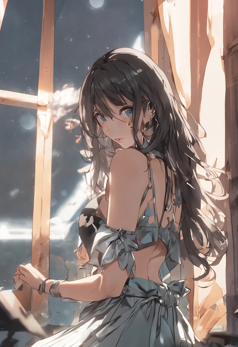 ((１girl with:1.4))、single、gravure、in 8K、Detailed skin、(((very big and clean ass:1.2))、large full breasts、Stick your butt out to the viewer、Back Style、Looks Back、layers-Cut、by the window、darkened room、细致背景、Staring at the viewer、Skirt swimsuit
