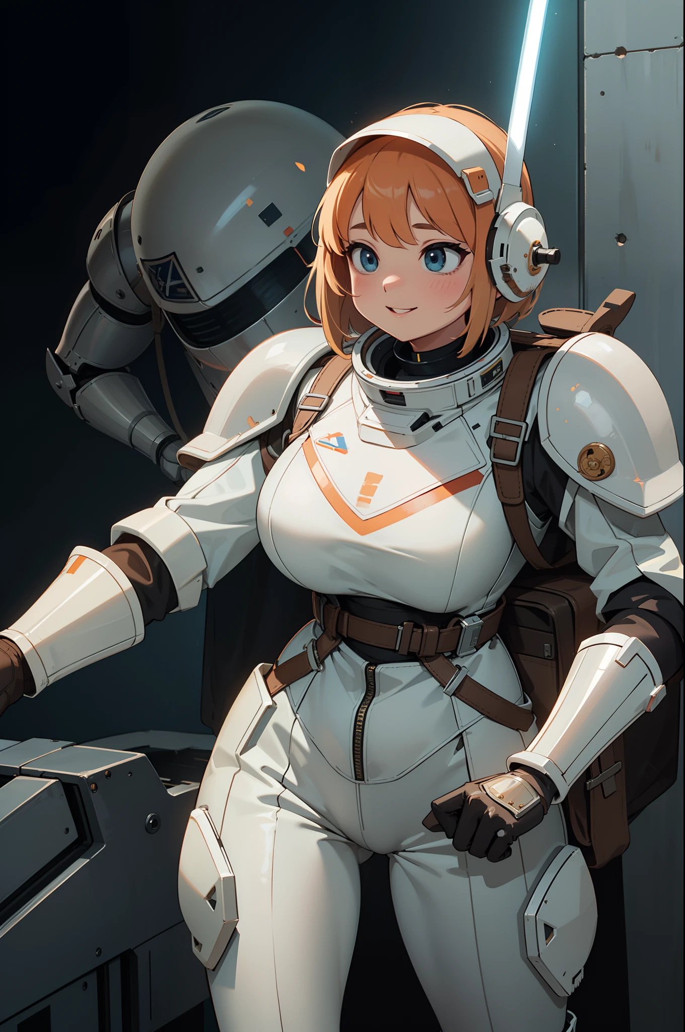 professional artwork, detailed eyes, beautiful eyes, beautiful face, flawless face, smooth features, short hair, beautifully detailed background, adventurous astronaut knight in bulky armored space suit, space suit looks like knight armor, space suit, thick heavy space suit, environment suit, hoses and tubes on suit, dials and switches, space suit backpack, nasa, nasa punk, nasapunk, astronaut, astronaut suit, cosmonaut, medieval knight, knight armor, leather armor and metal armor, mechanical background, sci fi, science fiction, futuristic, fantasy armor, full plate armor, medieval armor, knight helmet, knight visor, grilled faceplate, large helmet, big helmet, heavy collar, vacuum seal ring around neck, life support systems, rustic material, heavy stitching, thick leathers, armored breastplate, armored chest, leather gloves, rustic craftsmanship, adventurous, adventure, cute, smiling, shoulder pads, armor, white and orange outfit, heraldry, helmet on head, cassette futurism, gloved hands, bulky space suit, bulky suit, tubes and hoses, valves, mechanical, sword and shield, neon light, neon glow, neon, cuirass, pauldrons, chest armor, heavy metal chest armor, beam sword, plasma sword, light saber, knight, dome helmet, neck armor, sealed neck join, helmet is attached to collar around neck, astronaut helmet, beautiful woman, thick thighs, large breasts, wide hips, cute, sexy, chubby, thick, thick clothing, padding