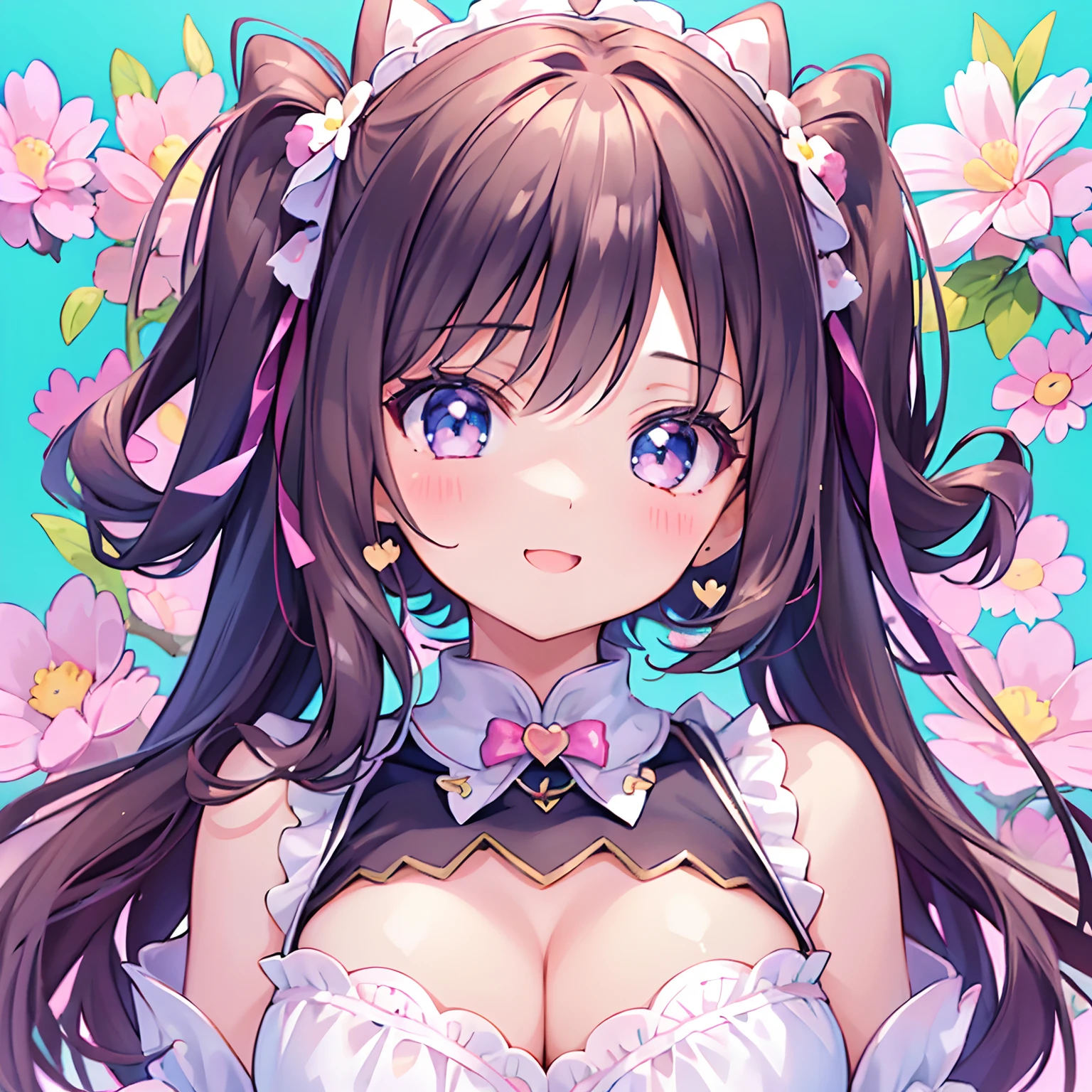 Masterpiece, (2 girls and 2 girls and 2 girls), heartthrob, closeup cleavage, Big eyes, kawaiitech, kawaii, Cute, Pastel colors, Best quality, cheerfulness, Deep background, Symmetrical, Tilted head, Spring