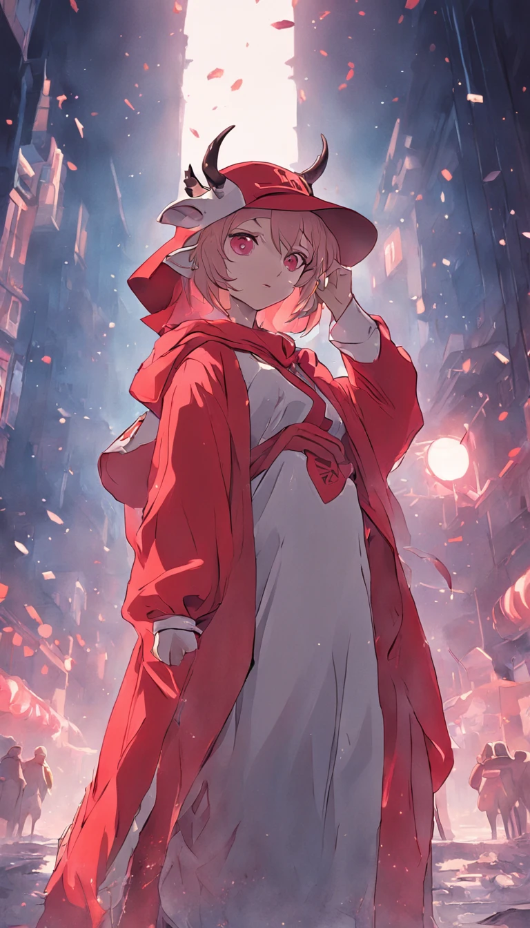 The cow wears red clothes and wears a hat