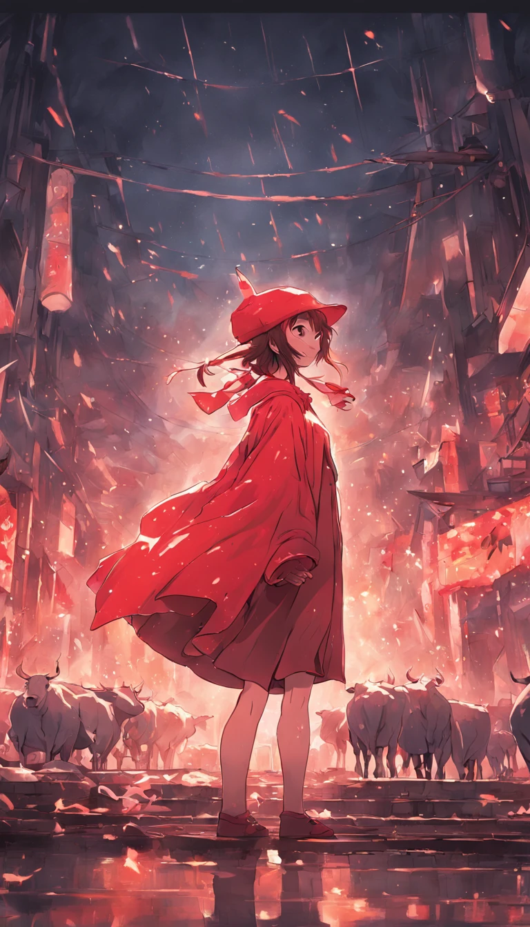The cow wears red clothes and wears a hat