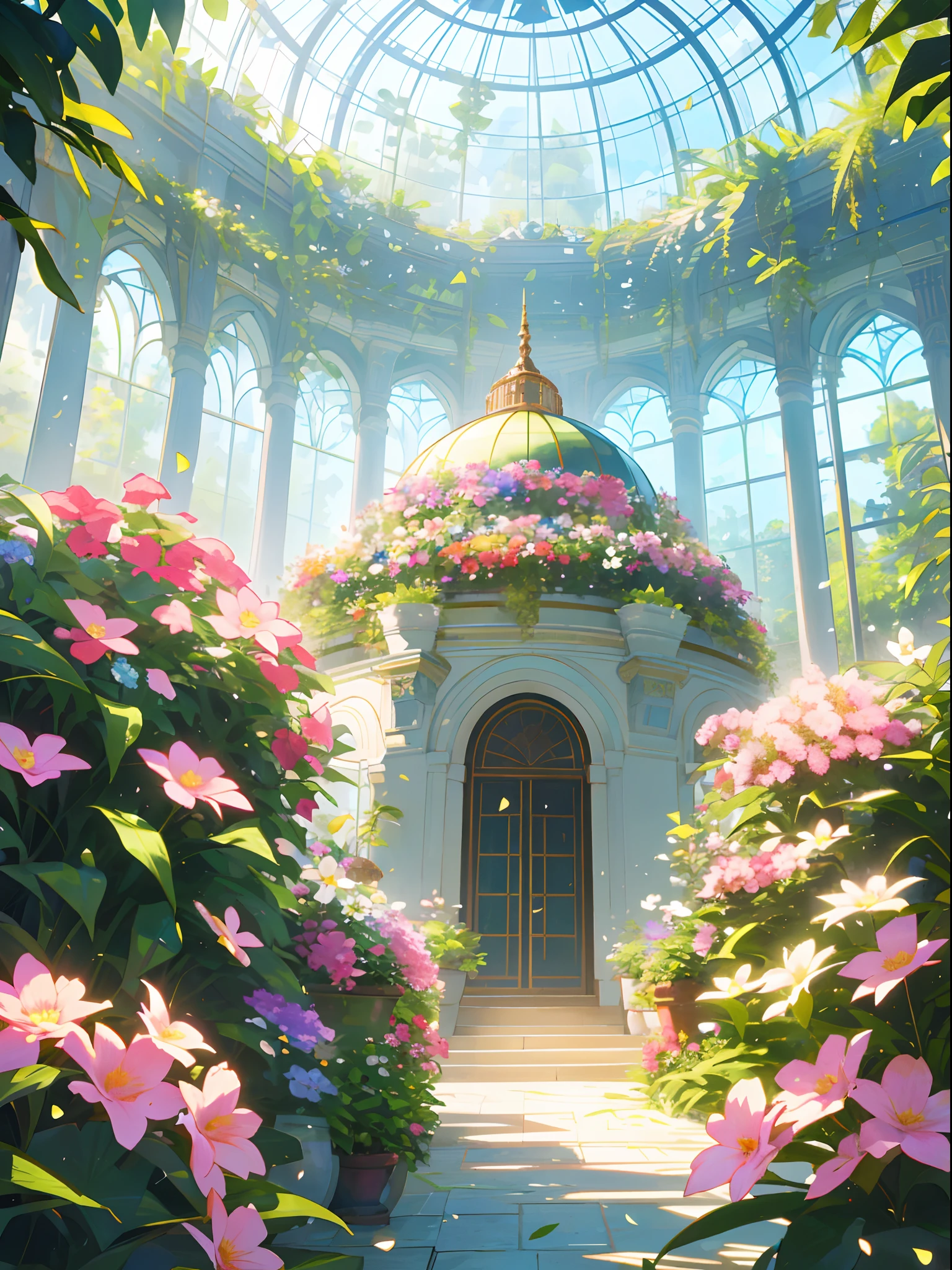 (top quality, masterpiece, ultra-realistic), indoor botanical garden, dome, lots of flowers, background landscape is a garden with petals and papas flying around. --v6