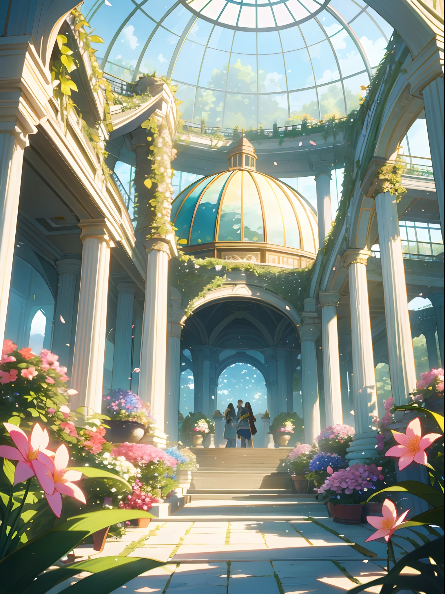(top quality, masterpiece, ultra-realistic), indoor botanical garden, dome, lots of flowers, background landscape is a garden with petals and papas flying around. --v6