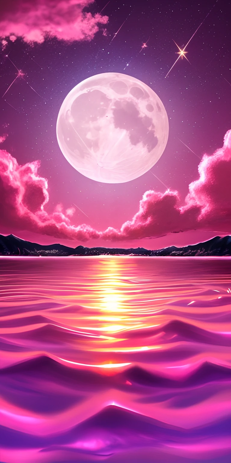 Pink moon, pink sky, soft pink clouds, pink ocean waves sparkling, sparkling, pink roses on pink ocean, fantasy, diamond, crown, universe, soft lights,