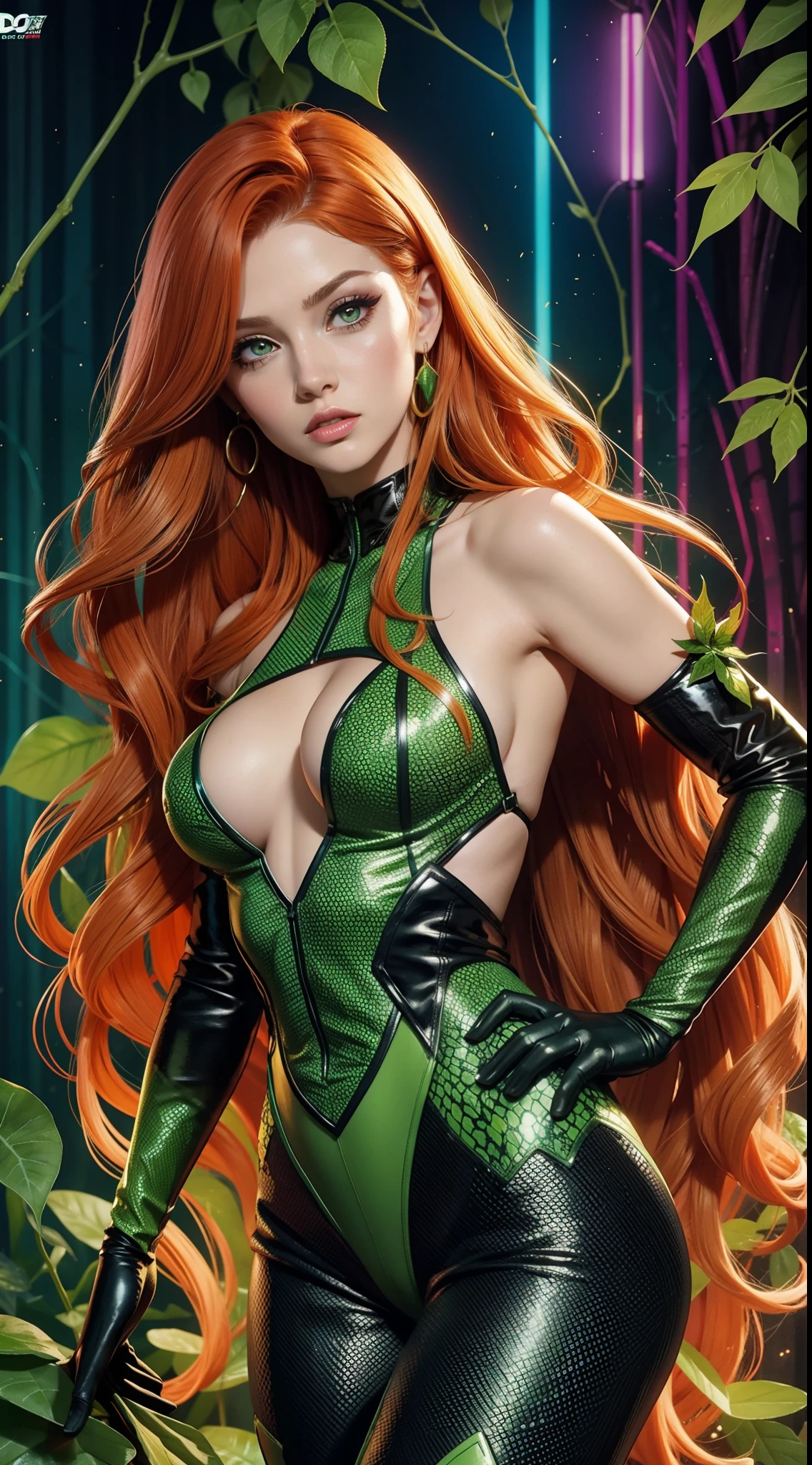 Сексуальная Poison Ivy из DC Comics, Masterpiece, Best Quality, abstract, Psychedelic, Neon, (honeycomb pattern), (creative:1.3), Sy3, SMM, fantasy00d