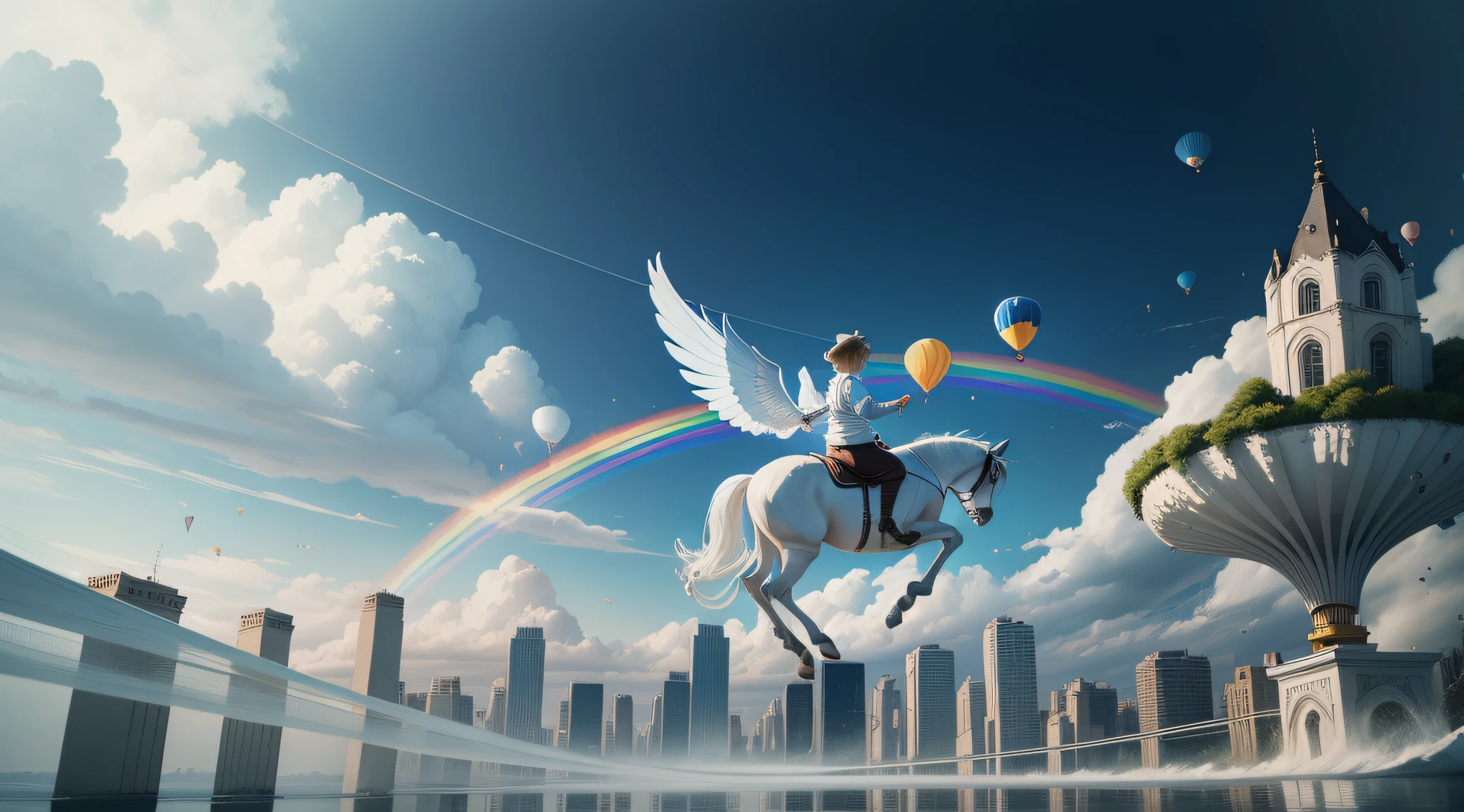 White horses have wings，The wings are also white，Little boy flying in the sky on a horse，The little boy is drawing with a brush in his hand，There are many, Many transparent jellyfish float in the sky，many, many, Many hot air balloons float，The sky has a rainbow，There are many small cities on the ground，Comic style，