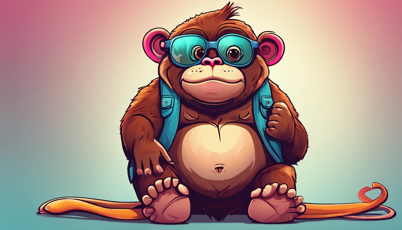 Create a logo depicting a chubby monkey wearing glasses. The logo should be in high-resolution colors. Make sure the monkey has a programmer's appearance and a plump posture.