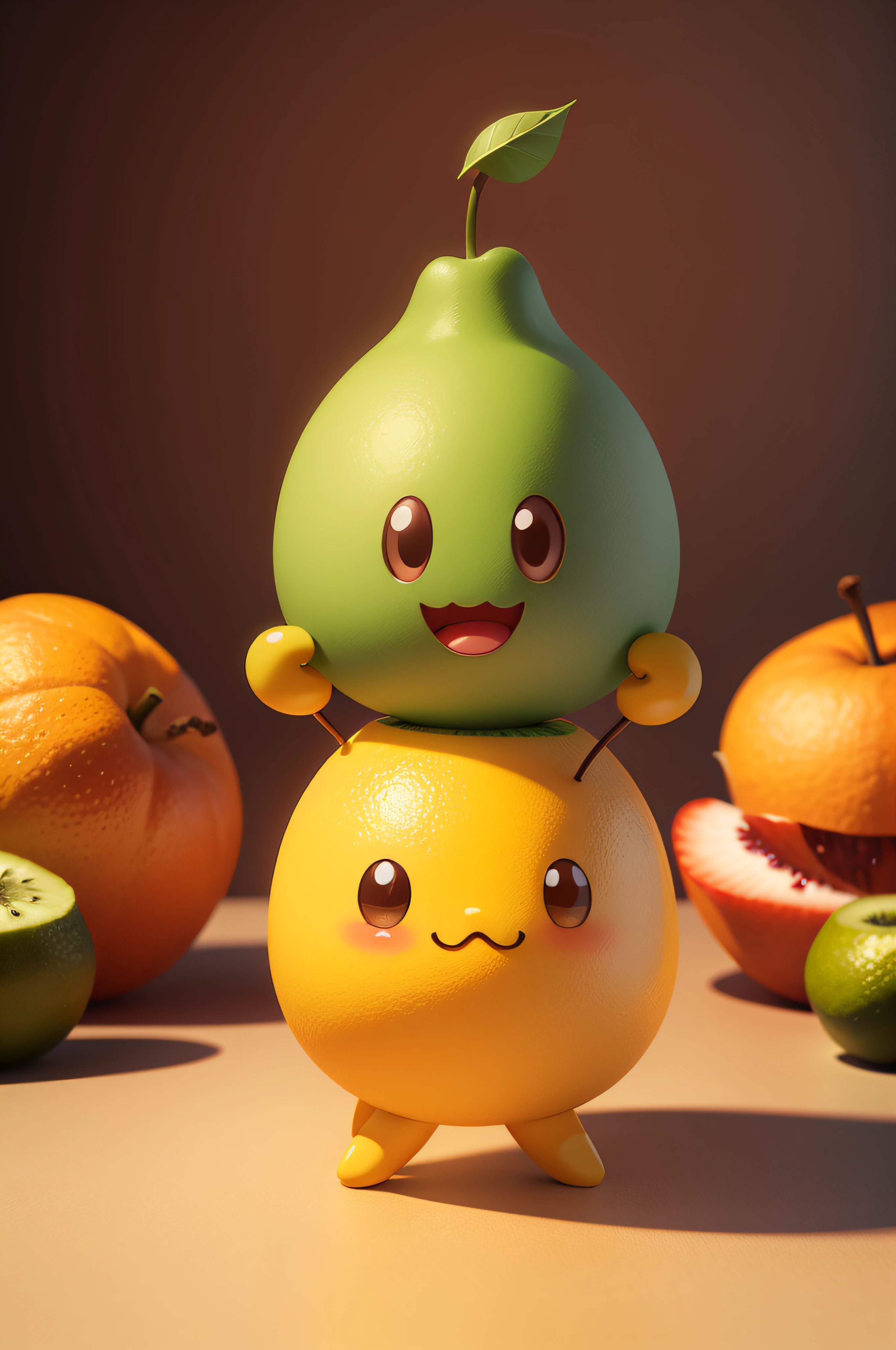a cute adorable fruit character 3D Illustration isolated on a solid background with a studio setup in a children-friendly cartoon animation style