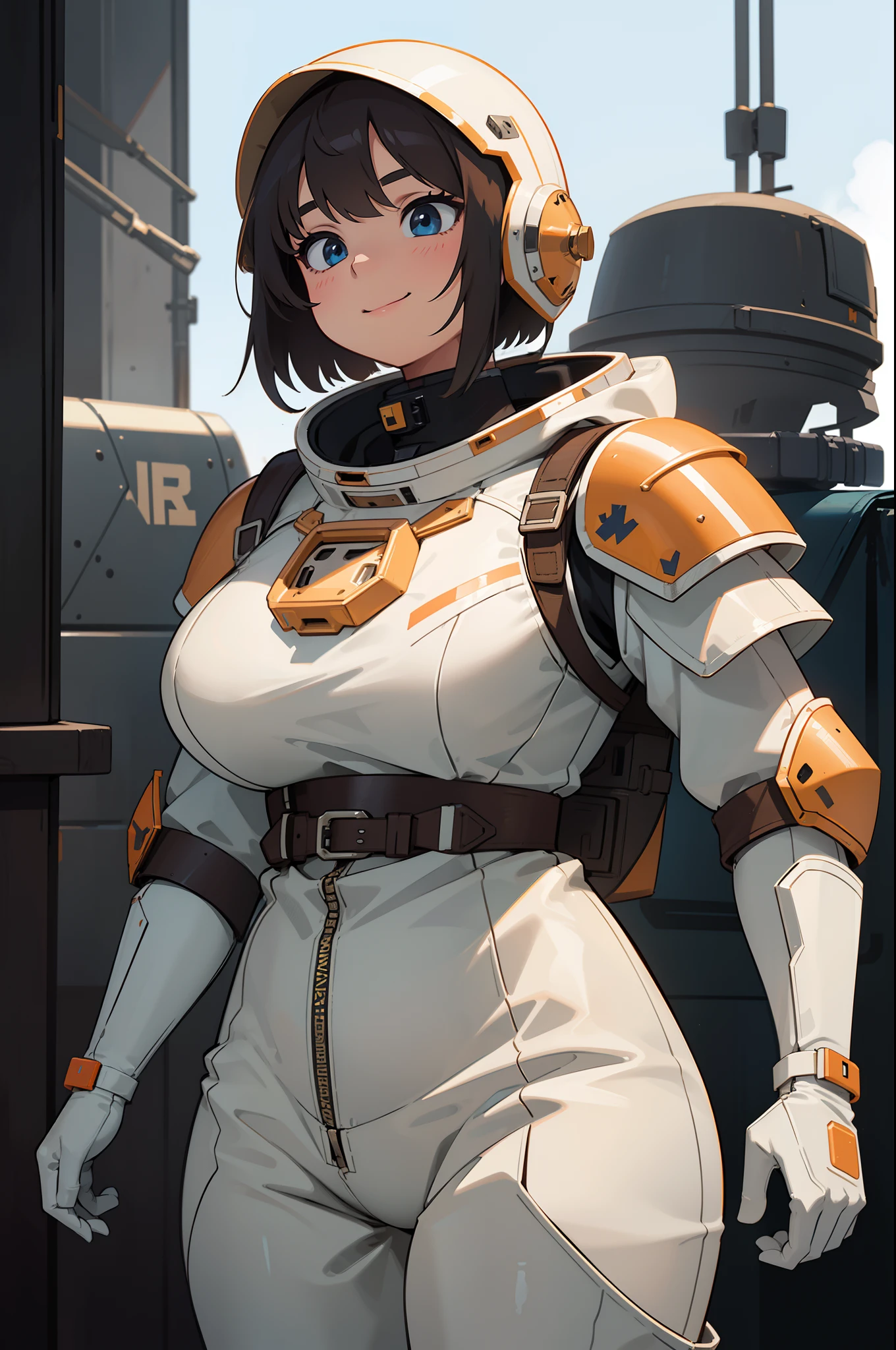 professional artwork, detailed eyes, beautiful eyes, beautiful face, flawless face, smooth features, short hair, beautifully detailed background, adventurous astronaut knight in bulky armored space suit, space suit looks like knight armor, space suit, thick heavy space suit, environment suit, hoses and tubes on suit, dials and switches, space suit backpack, nasa, nasa punk, nasapunk, astronaut, astronaut suit, cosmonaut, medieval knight, knight armor, leather armor and metal armor, mechanical background, sci fi, science fiction, futuristic, fantasy armor, full plate armor, medieval armor, knight helmet, knight visor, grilled faceplate, large helmet, big helmet, heavy collar, vacuum seal ring around neck, life support systems, rustic material, heavy stitching, thick leathers, armored breastplate, armored chest, leather gloves, rustic craftsmanship, adventurous, adventure, cute, smiling, shoulder pads, armor, white and orange outfit, heraldry, helmet on head, cassette futurism, gloved hands, bulky space suit, bulky suit, tubes and hoses, valves, mechanical, sword and shield, neon light, neon glow, neon, cuirass, pauldrons, chest armor, heavy metal chest armor, beam sword, plasma sword, light saber, knight, dome helmet, neck armor, sealed neck join, helmet is attached to collar around neck, astronaut helmet, beautiful woman, thick thighs, large breasts, wide hips, cute, sexy, chubby, thick, thick clothing, padding