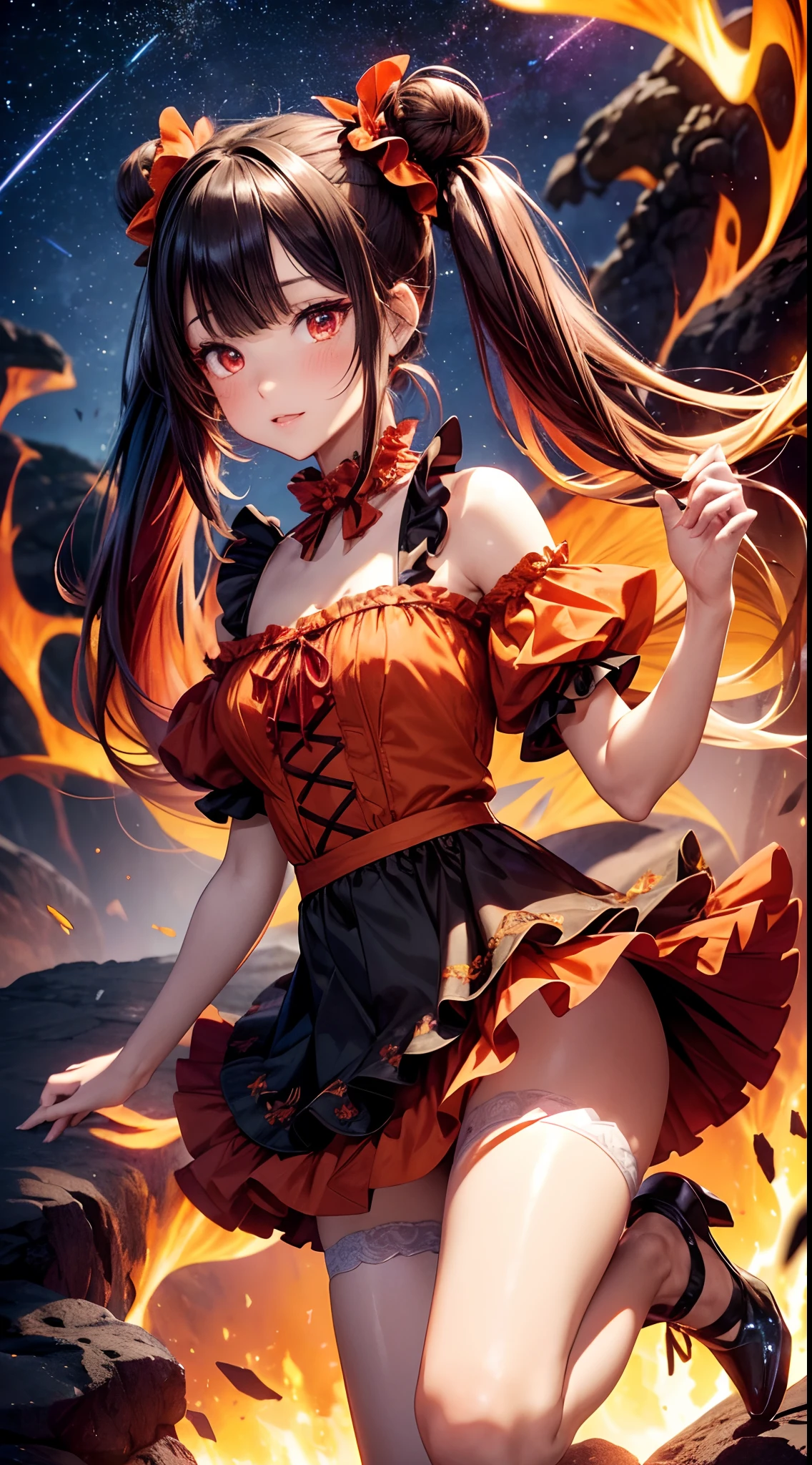 (fullbody, legs and shoes visible: 1.2)) expressive eyes, woman, pale skin, long hair, windblown hair, ((long hair)), long sidelocks, hime bangs, hair fringe, hair bun, ((long twintails)), flaming hair, red hair, blushing, full face blushing, big sparkling glowing red eyes, (gradient eyes), open mouth smile, cute pose,
flowy flaming dress, ((dark multicolored open dress)), (floating fire), orange ruffles, yellow frills, (light red lace), detached short sleeves, puffy skirt, ((fire and stars print skirt : 1.3)), lolita skirt, dark red bows, ((pompon ribbons hair ornament : 1.4)), multiple bows, striped lace stockings, (heart shaped leg garter), cute (dark orange) shoes ((hyperdetailed clothing and fashion)) looking at you, vintage girl, blushing, (beautiful detailed eyes), (extremely detailed CG unity 8k wallpaper) (best shadow), ((an extremely delicate and beautiful)), (detailed light), ((depth of field)) big head, big sparkling eyes, moe, splash art, cinematic lighting, frontal view, volumetric lighting maximalist photo illustration 64k resolution high res intricately detailed complex key visual precise linear 
((in the dark lava volcano background, surrounded by smoking hot lava, shooting stars, volcano)) ((hyperdetailed scenery, foggy, darkness : 1.3))