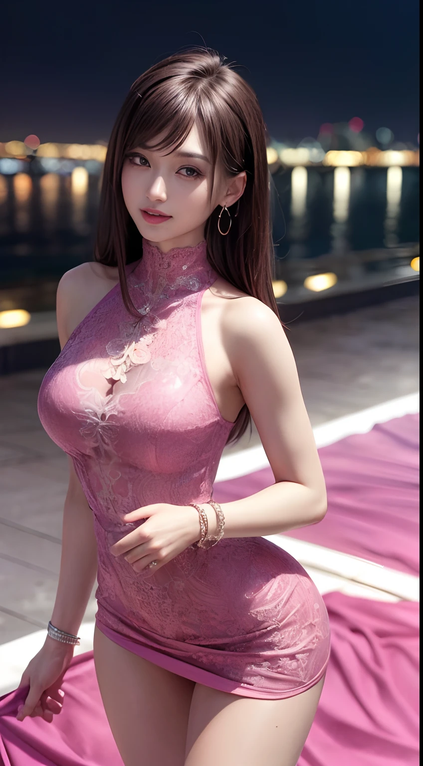 8K, Masterpiece, RAW photo, Best quality, Photorealistic, Extremely detailed CG unifies 8K, 8K, Diamond, and Wallpaper, Depth of field, Cinematic light, Lens flare, Ray tracing, (Extremely beautiful face, Beautiful lips, Beautiful eyes), intricate detail face, ((ultra detailed skin)) 1girll, In the dark, deepshadow, Pretty Korean girl, Kpop idol, 1 girl, (Very slim and slender muscular body:1.3), ((view the viewer)),(Big smile:1.3), (Fashion night, Dark night, (neon lights sign), (Blurred background), Fashion Street Night),(No one is in the background:1.3), Beautiful earrings, bangle, necklace, Pantyhose, Clear eyes, Walking, (Pale skin), (Big eyes), Face forward, (brown hairs), (Full body shot), ((High neck silk hot pink dress:1.3)), ((High neck tight-fitting dress)), ((High neck lace dress)), (view the viewer:1.3) open breast, Very slim, Medium breasts, Turn Back, (Back shot), Ass focus, Before the eyebrows,(Tight dress), Thick thighs