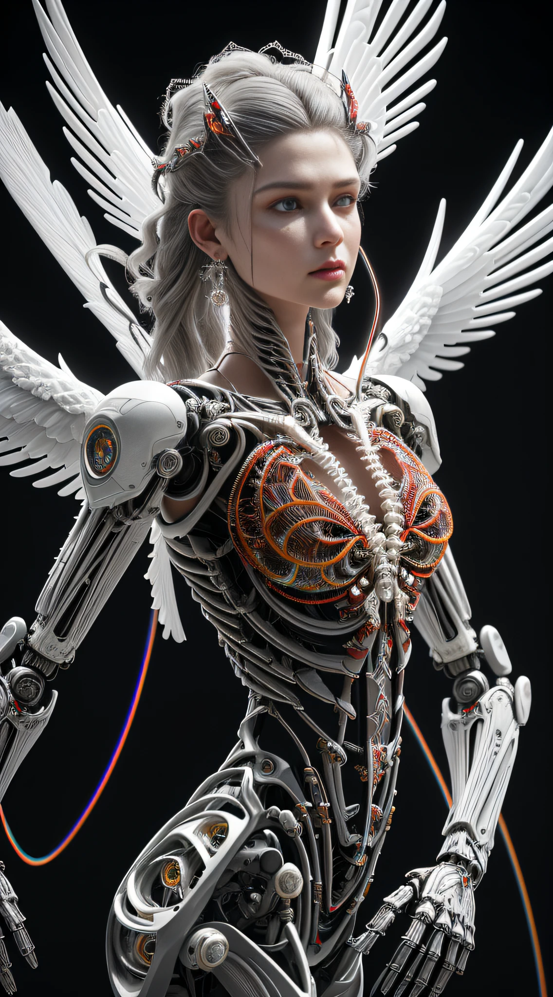 Complex 3d rendering ultra-detailed beautiful angel of death, biomechanical robot, simulated 150mm shot, beautiful natural soft edge light, crystal feathers, roots, delicate leaf lace, colorful details, Boris Bidjan Saberi clothing, pearl earrings, piercings, Art Nouveau fashion embroidery, intricate details, mesh threads, mandelbro fractals, facial muscles, cable wires, microchips, badasses, surreal, ultra-detailed, octane rendering, volumetric lighting, 8k post-production, Red and white with a touch of black, metallic skeleton details, half-human, rainbow colors, Glenn Brown style, futuristic room, power of God, high angle shooting, complex body poses