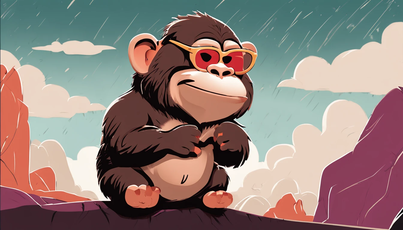 Create a logo depicting a chubby monkey wearing glasses. The logo should be in high-resolution colors. Make sure the monkey has a programmer's appearance and a plump posture.