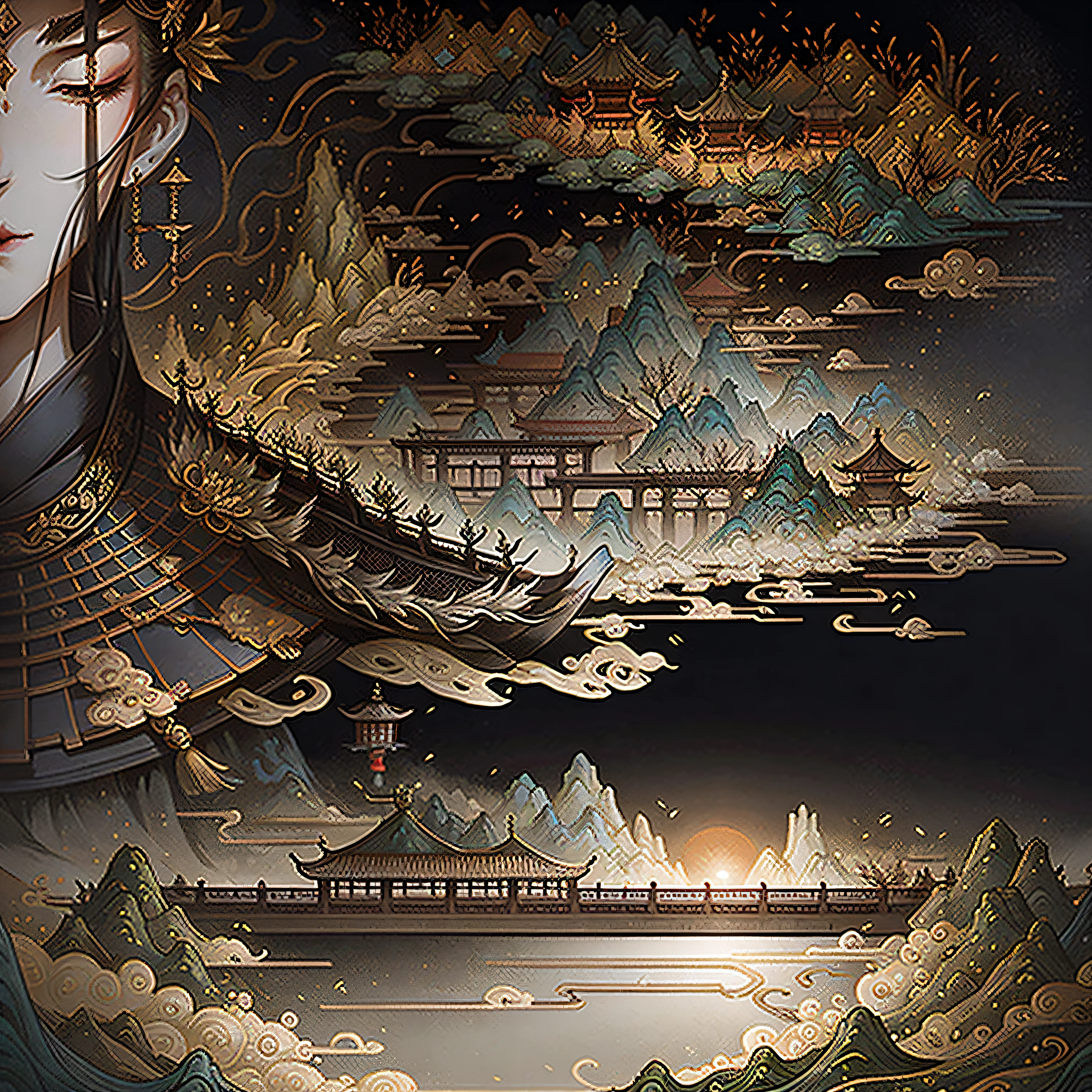 An ancient Chinese painting, ancient Chinese background, mountains, rivers, auspicious clouds, pavilions, sunshine, masterpieces, super detail, epic composition, ultra HD, high quality, extremely detailed, official art, unified 8k wallpaper, Super detail, 32k -- v 6