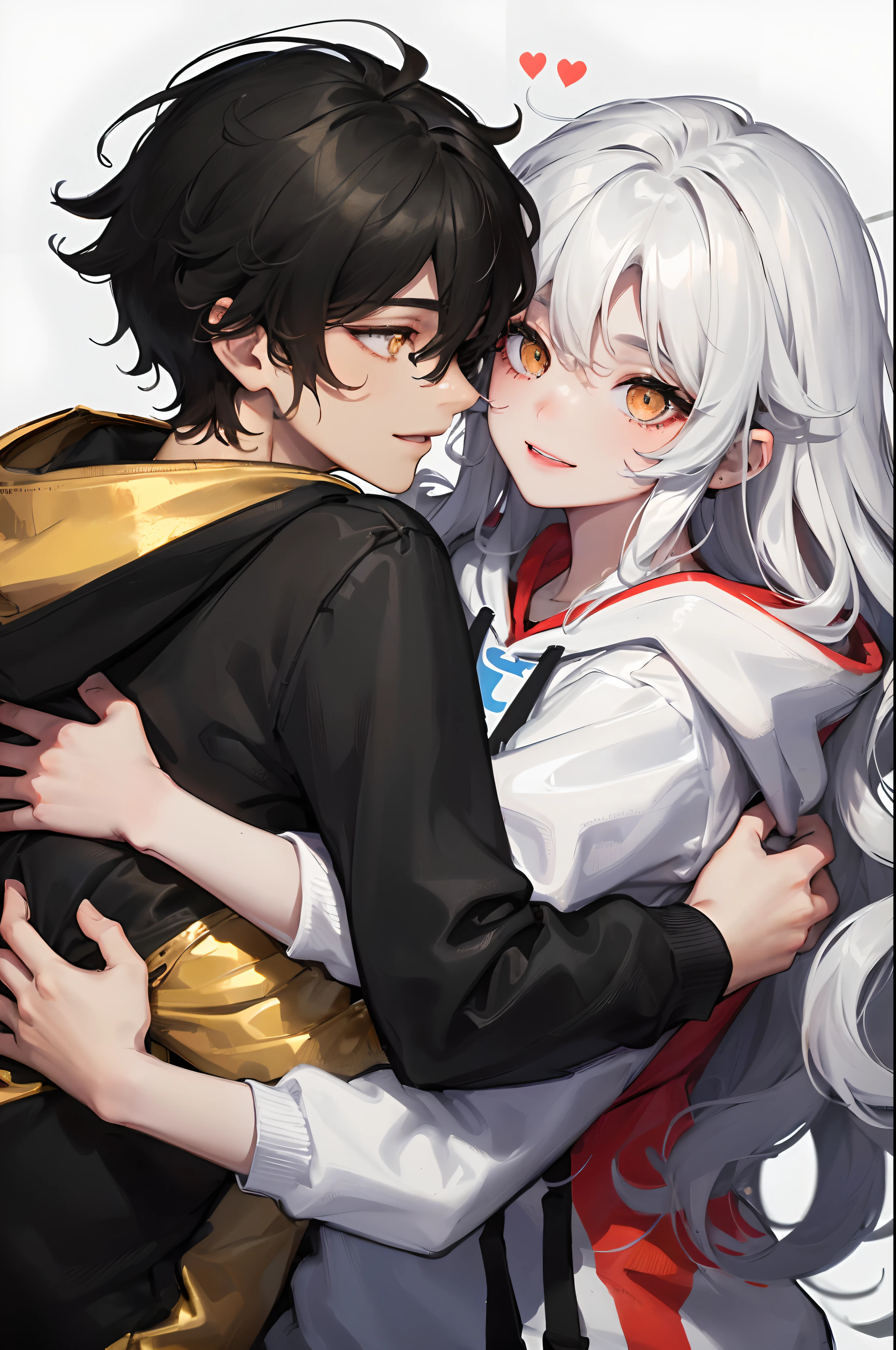 1woman, ((long white wavy hair)), swept bangs, ((golden eyes)), smile, modern clothes, hugging a ((boy with short messy black hair and black simple hoodie)) from the front