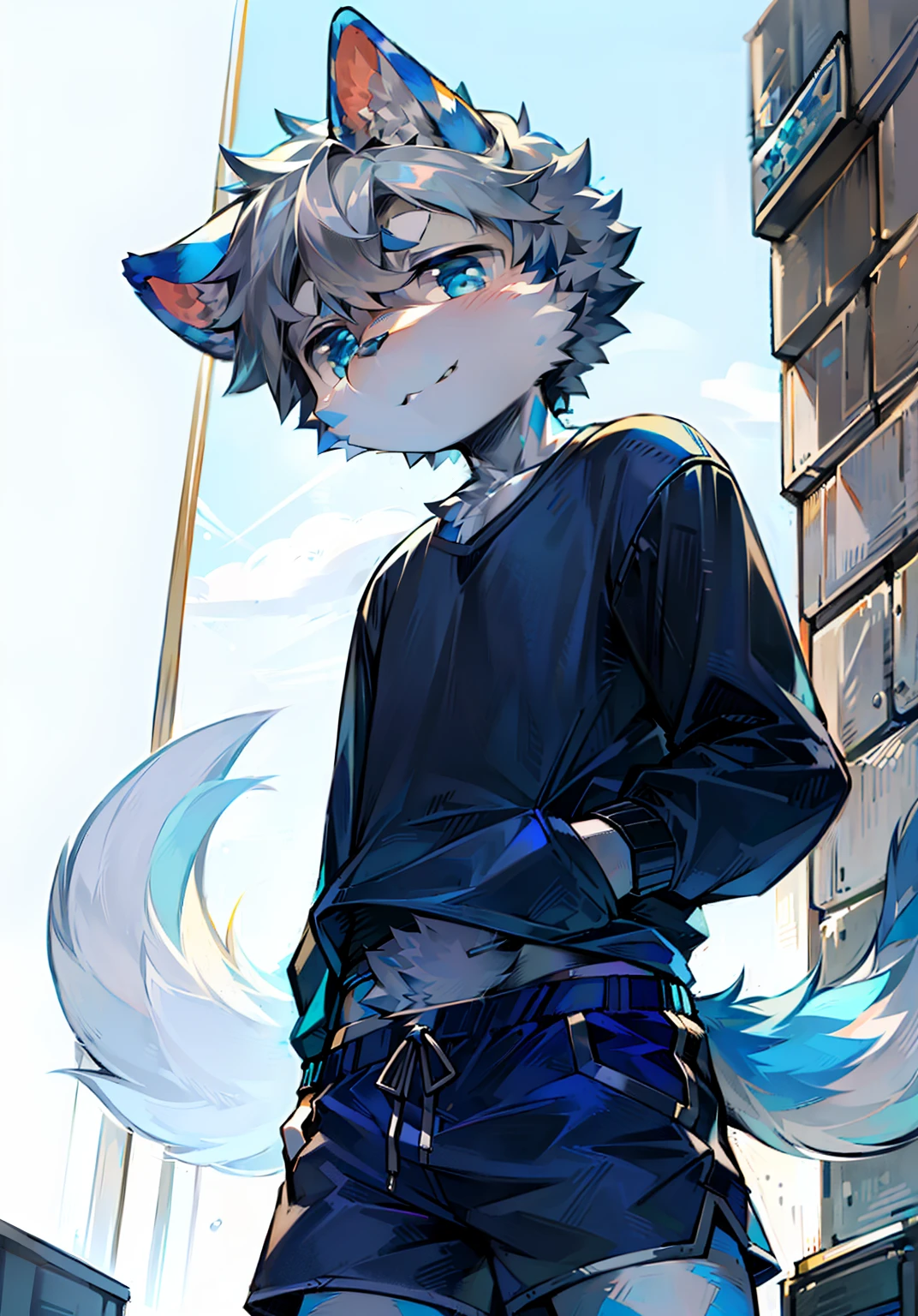 eyes with brightness, in a panoramic view, Character Focus Solo, shaggy, Furry male cat, Blue-white fur for men, blue color eyes, Gray hair(The long),Wear blue shorts and shorts,CasualClothing,Young style,height of one meter seven,Handsome, has a tail,
