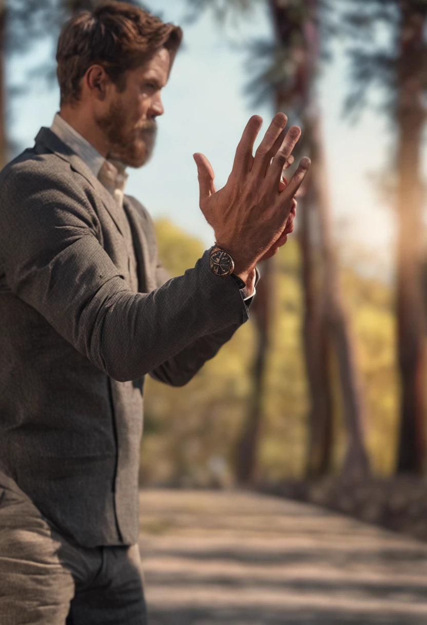 A man stretches his hands forward