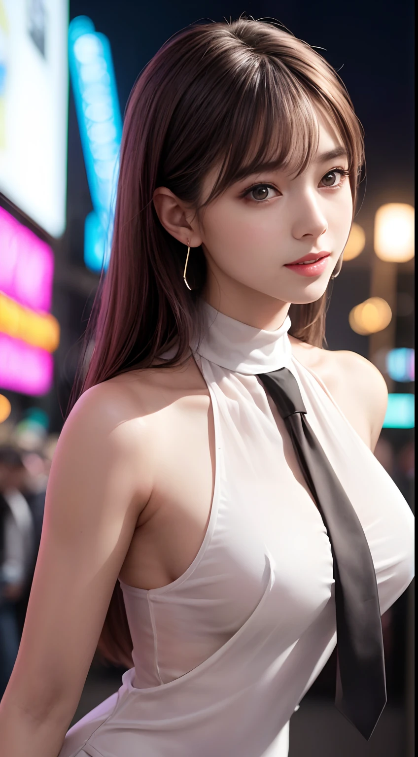 8K, Masterpiece, RAW photo, Best quality, Photorealistic, Extremely detailed CG unifies 8K wallpapers, Depth of field, Cinematic light, Lens flare, Ray tracing, (Extremely beautiful face, Beautiful lips, Beautiful eyes), intricate detail face, ((ultra detailed skin)) 1girll, In the dark, deepshadow, Pretty Korean girl, Kpop idol, 1 girl, (Very slim and slender muscular body:1.3), ((view the viewer)),(Big smile:1.3), (Pink shirt), (Sleeveless) , (Fashion night, Dark night, (neon lights sign), (Blurred background), Fashion Street Night),(No one is in the background:1.3), Beautiful earrings, bangle, necklace, Pantyhose, Clear eyes, Walking, (Pale skin), (Big eyes), Face forward, ((upperbody shots)), ((High neck silk dress:1.3)),(brown hairs),((High neck tight tie dress)), (see through), (view the viewer:1.3) open breast, Very slim, Medium breasts, Turn Back, Back shot, see through