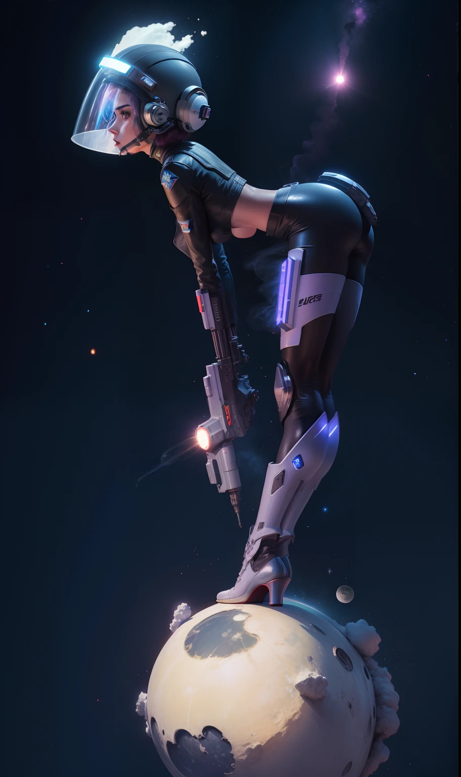 space scene girl laser gun, leaning forward at the waist 90 degrees, standing on her tip toes in platform heals just a bit sexy, head and eyes turn to camera, helmet on clear visor, smoking a 4 inch upturned thin lit cigarette in her mouth, lips puckered in defiance standing on a tiny dystopian moon planet, toes together, cg art painting 24k resolution, hyperdetailed