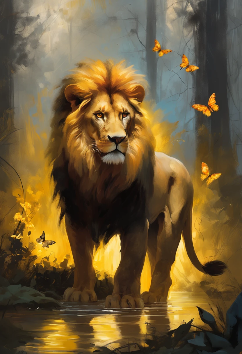 "((Masterpiece)) Leo in ((Foggy)) ,((Magical Dark Forest :1.2))in the late twilight, with ((Strong dark shadows, Recommended for the scene:1.2)), Glowing Magic Lion,golden glowing flowers ,((Glowing butterfly )), Beautiful magical style, Golden reflection of water,fierce, Concept art, Digital Painting."