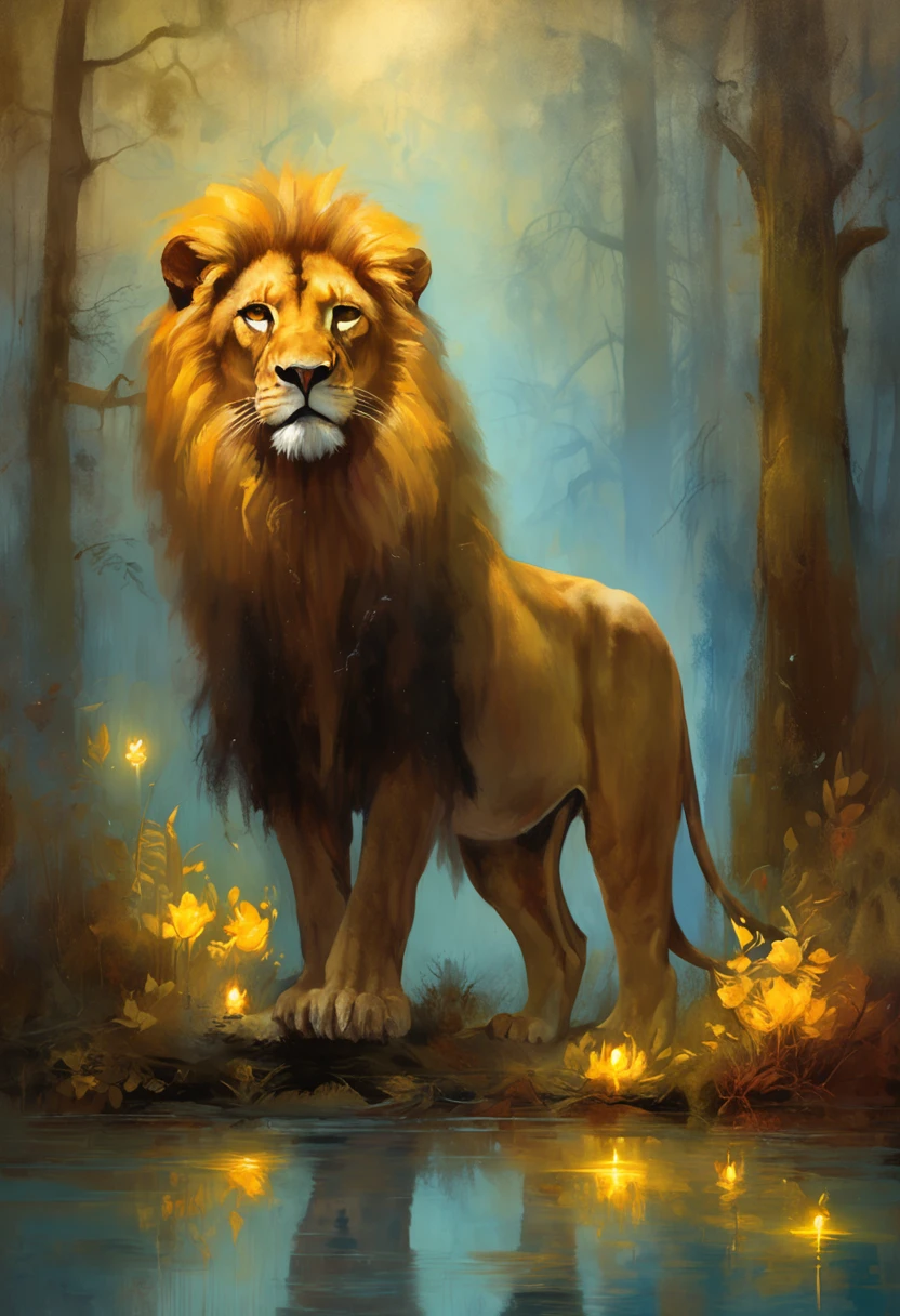 "((Masterpiece)) Leo in ((Foggy)) ,((Magical Dark Forest :1.2))in the late twilight, with ((Strong dark shadows, Recommended for the scene:1.2)), Glowing Magic Lion,golden glowing flowers ,((Glowing butterfly )), Beautiful magical style, Golden reflection of water,fierce, Concept art, Digital Painting."
