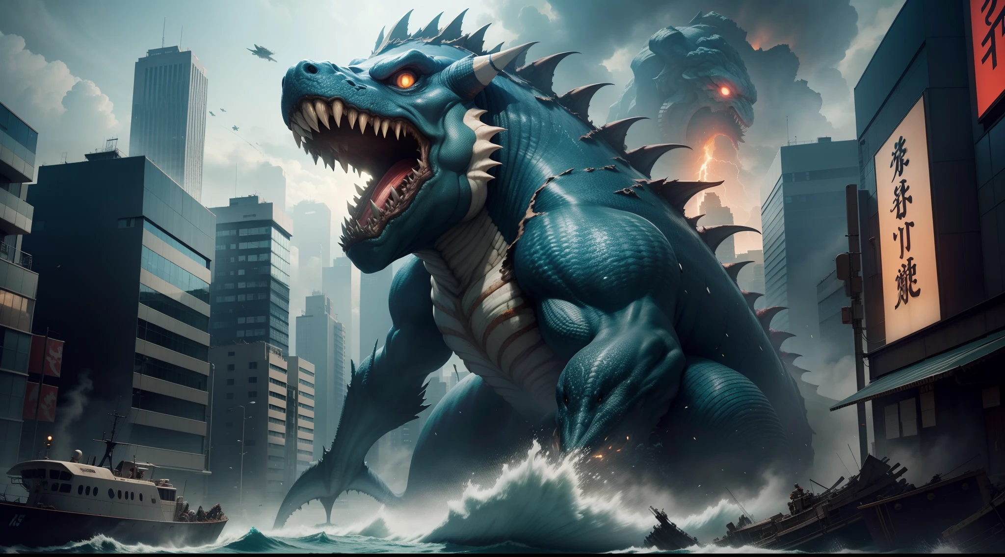 Mutated sea creatures invade Japan, Landing in the city, Wanton destruction of buildings, Ruined streets, Monsters and armies fight, cinematic lighting, from side, panorama, Sony FE GM, UHD, masterpiece, ccurate, textured skin, super detail, high details, 16k, award winning, best quality